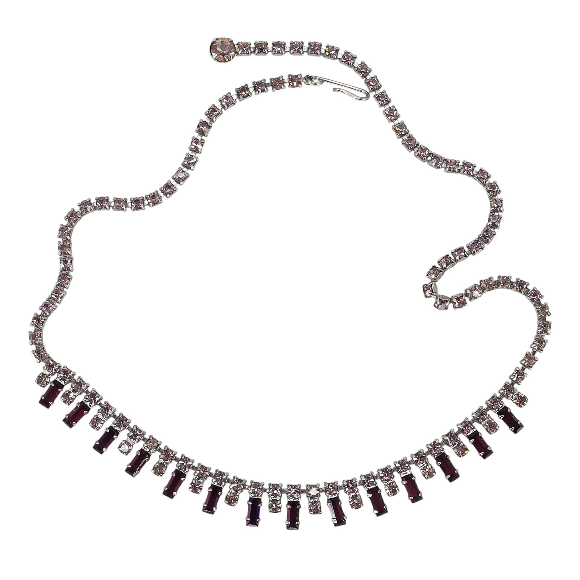 Vintage Art Deco Revival Rhinestone Necklace Purple Baguette Glass Silver Tone 1950s