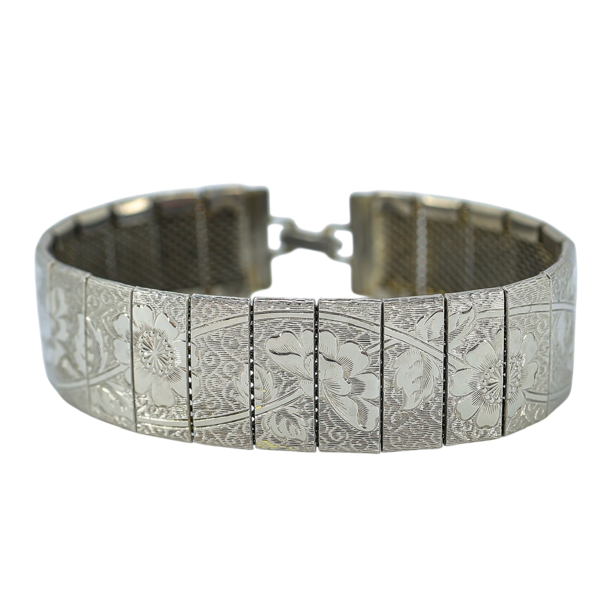 Vintage Mid-Century Engraved Floral Silver Tone Panel Bracelet Mesh Back