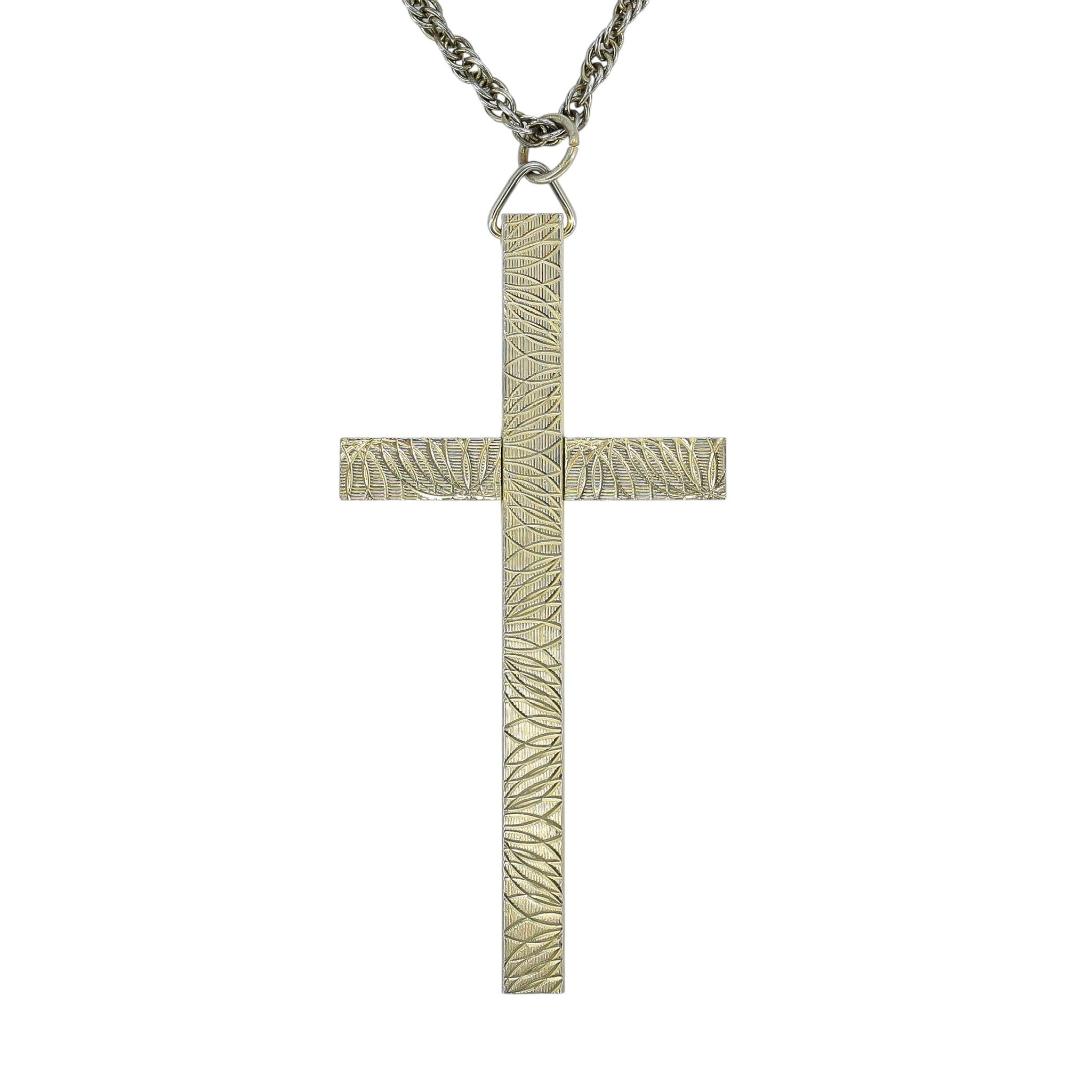 Vintage MCM Gold Tone Engraved Textured Modernist Cross Pendant Necklace