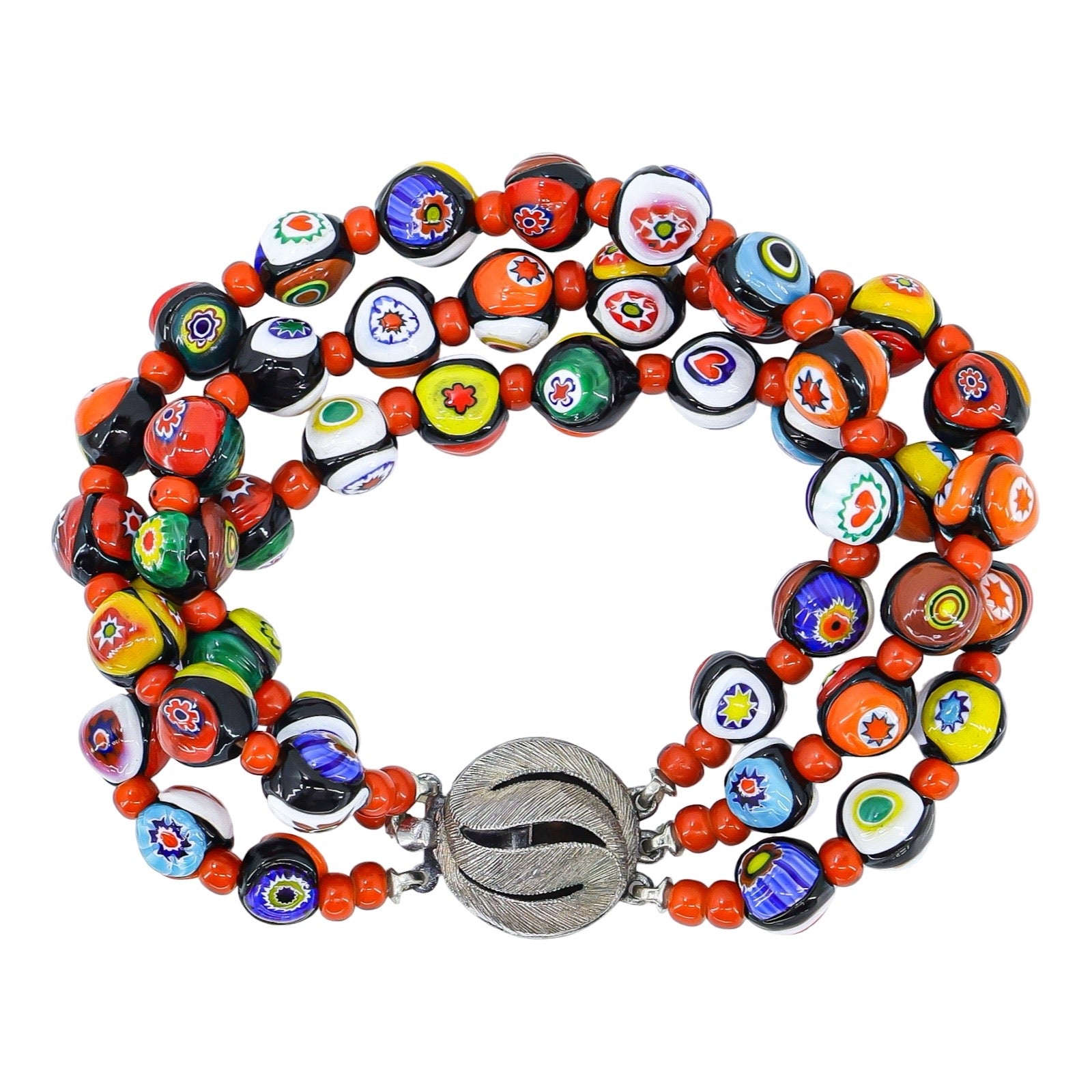 Triple 3 Strand Vintage Venetian Millefiori Glass Bead Bracelet W Red Spacers