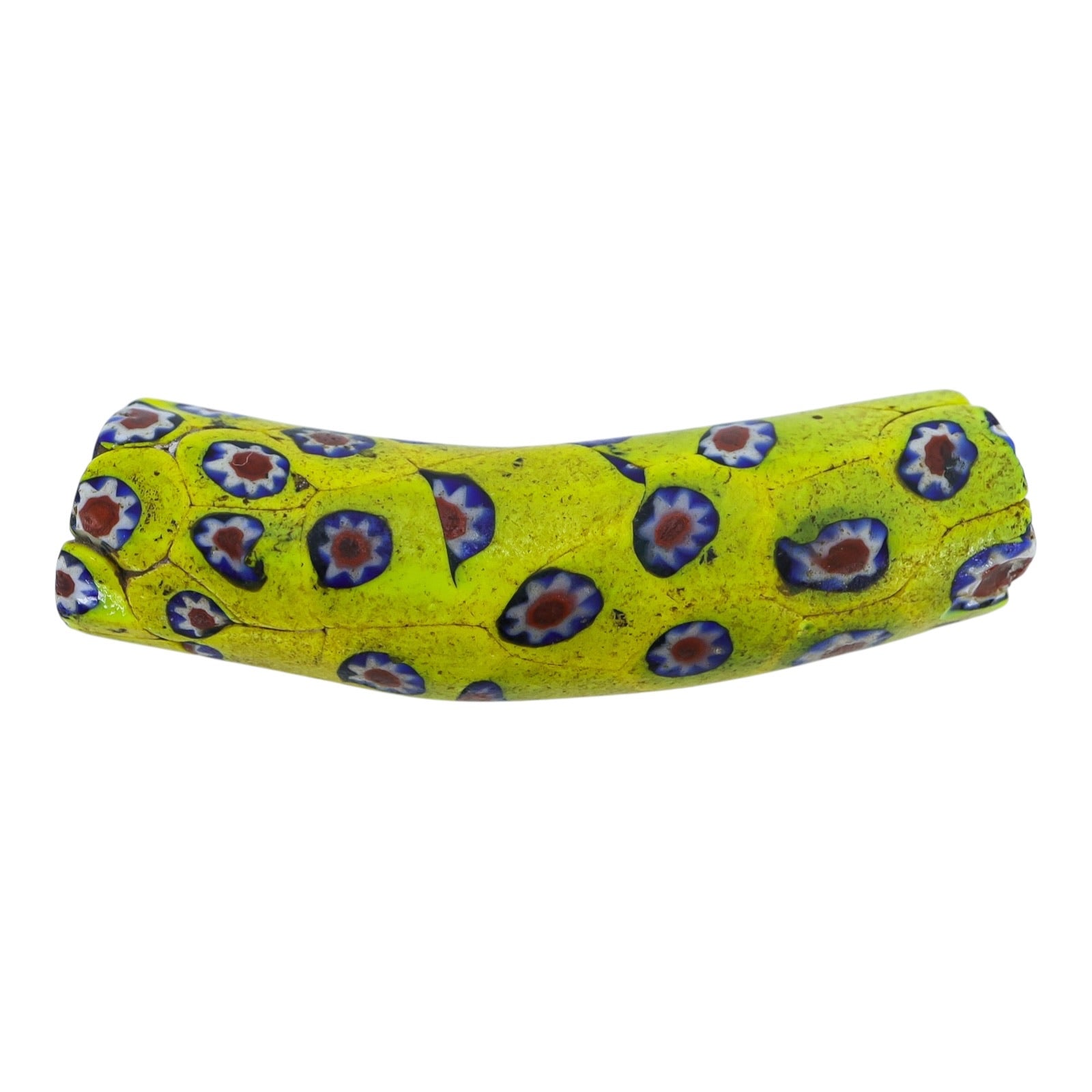 Large 56mm Antique Venetian Millefiori Faceted Elbow Trade Bead Yellow Floral