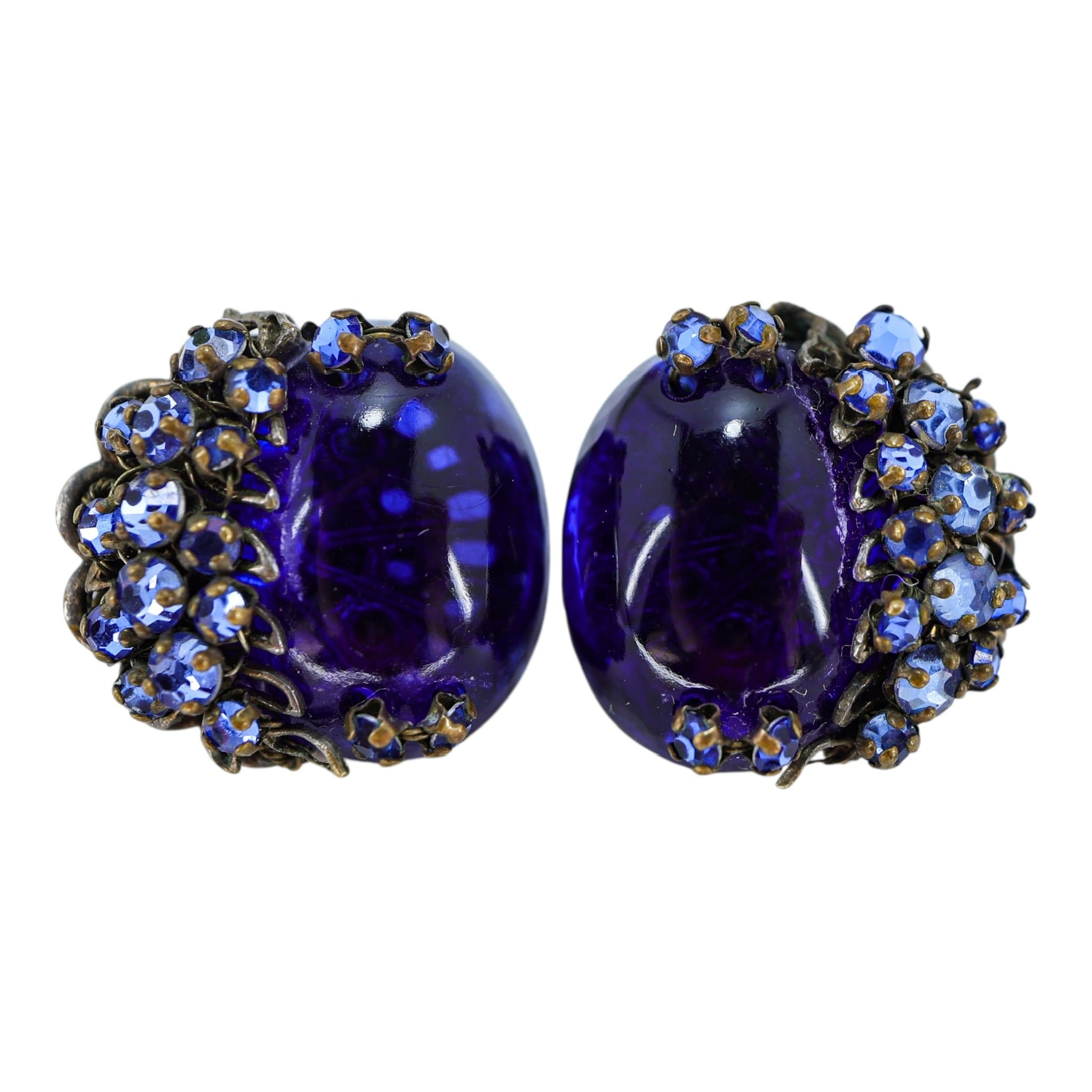 Miriam Haskell Cobalt Blue Cabochon And Rhinestone Earrings 1950s