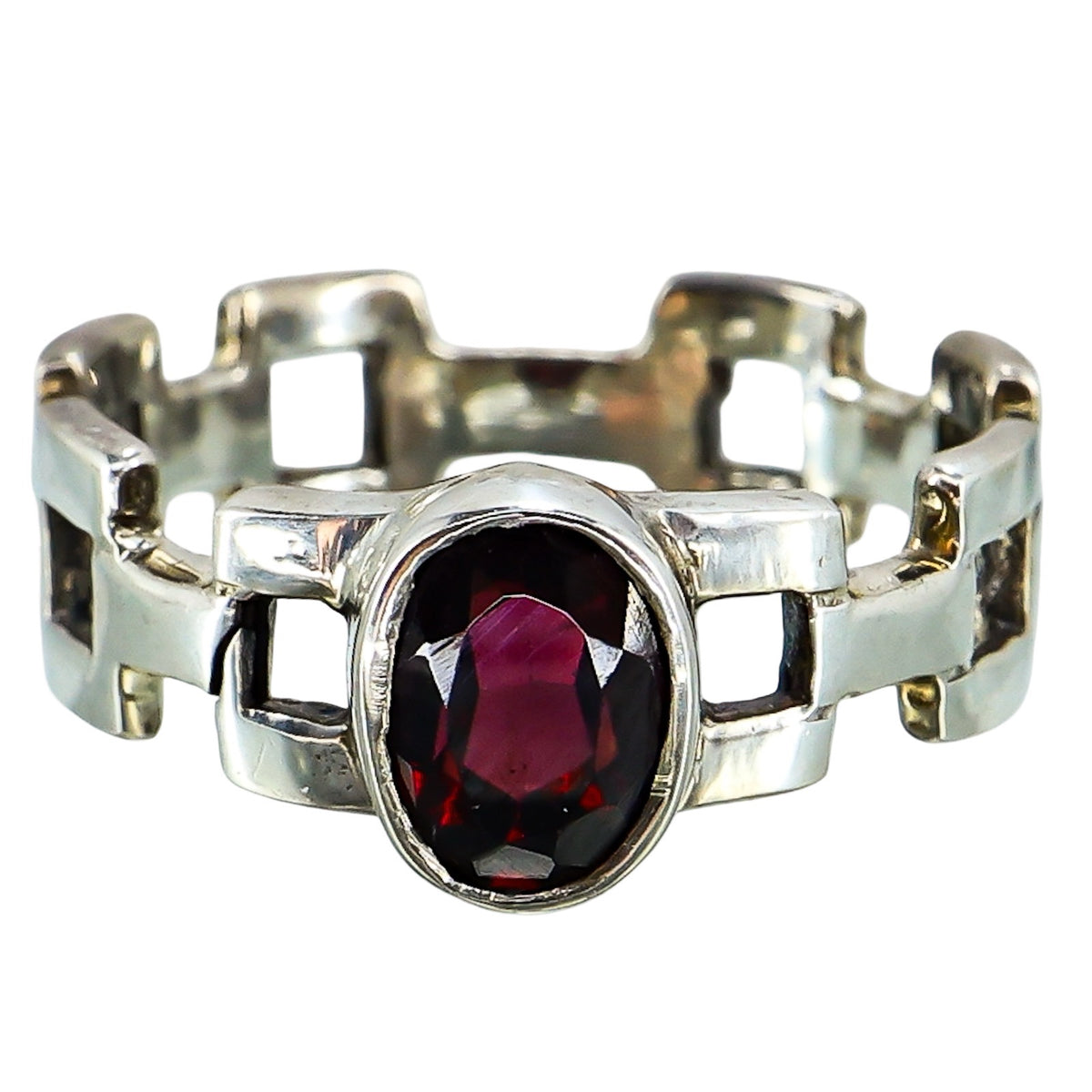 Vintage Modernist Sterling Silver Garnet Ring Geometric Openwork Band Size 7