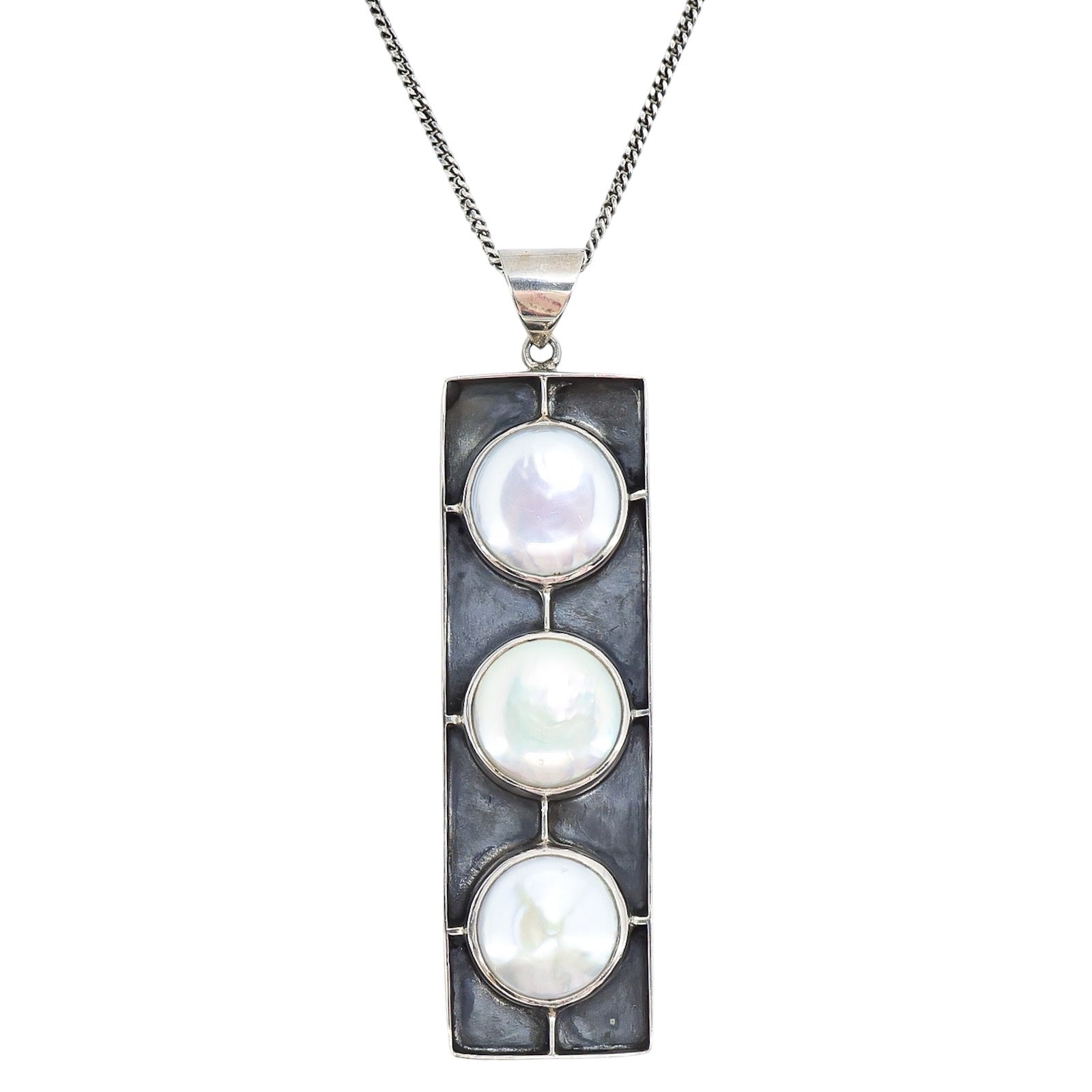 Modernist Sterling Silver Pendant Pearl / Nacre Cabochons Geometric Motif Signed MD