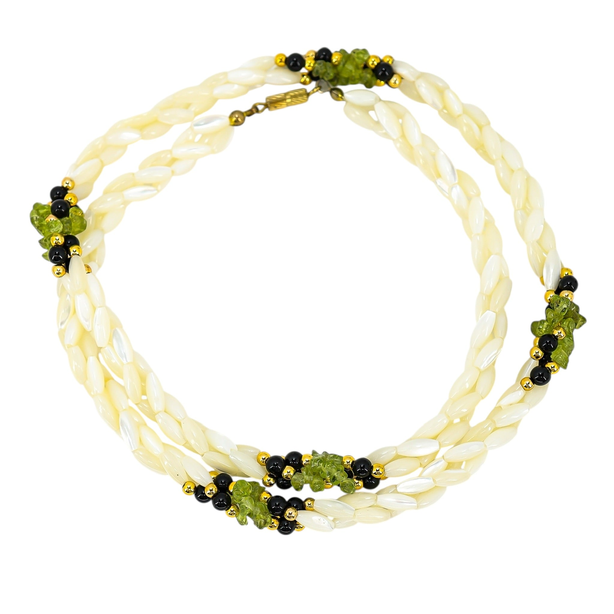 White Shell Rice Bead Necklace With Green Black Gold Accents