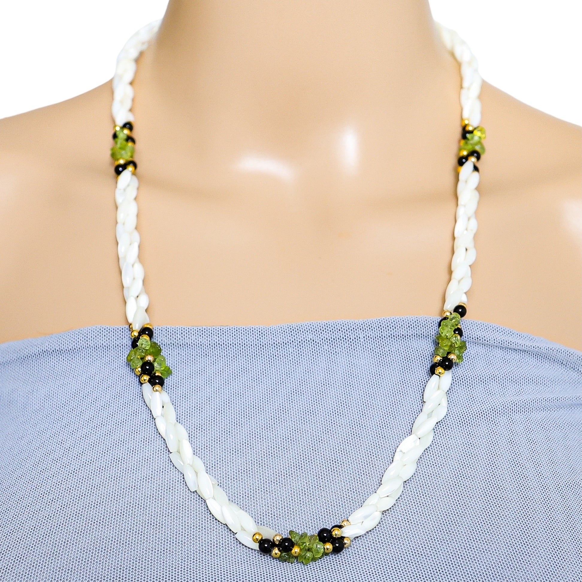 White Shell Rice Bead Necklace With Green Black Gold Accents