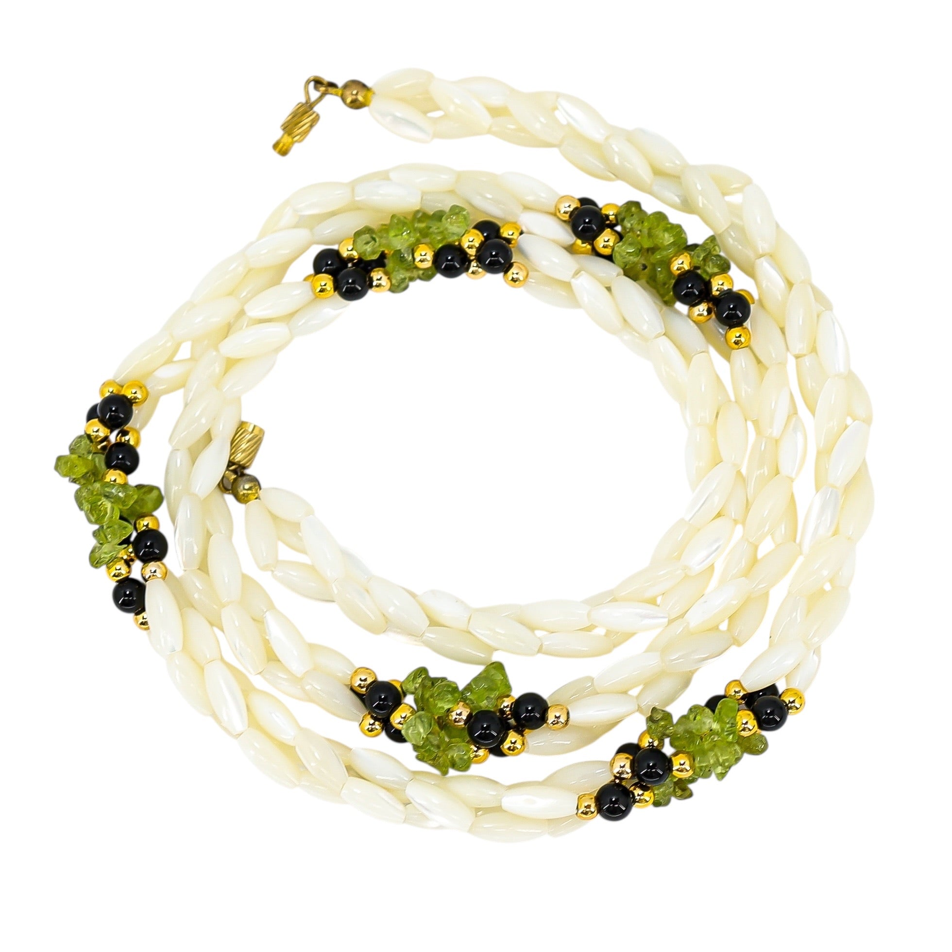 White Shell Rice Bead Necklace With Green Black Gold Accents