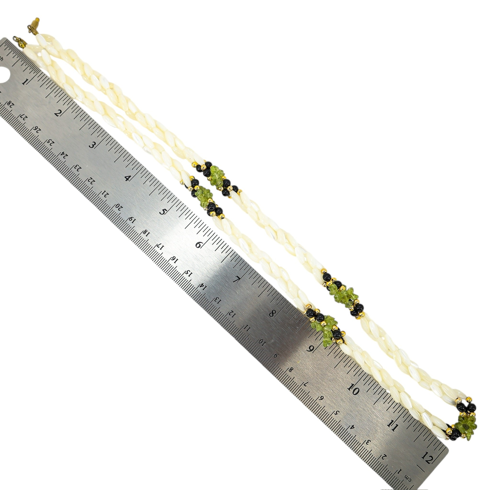 White Shell Rice Bead Necklace With Green Black Gold Accents