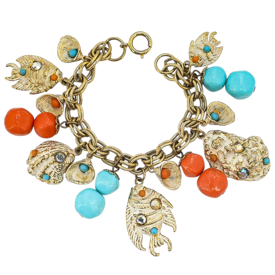 Mid Century Charm Bracelet Nautical Fishes Shells Lucite Coral And Turquoise Motifs