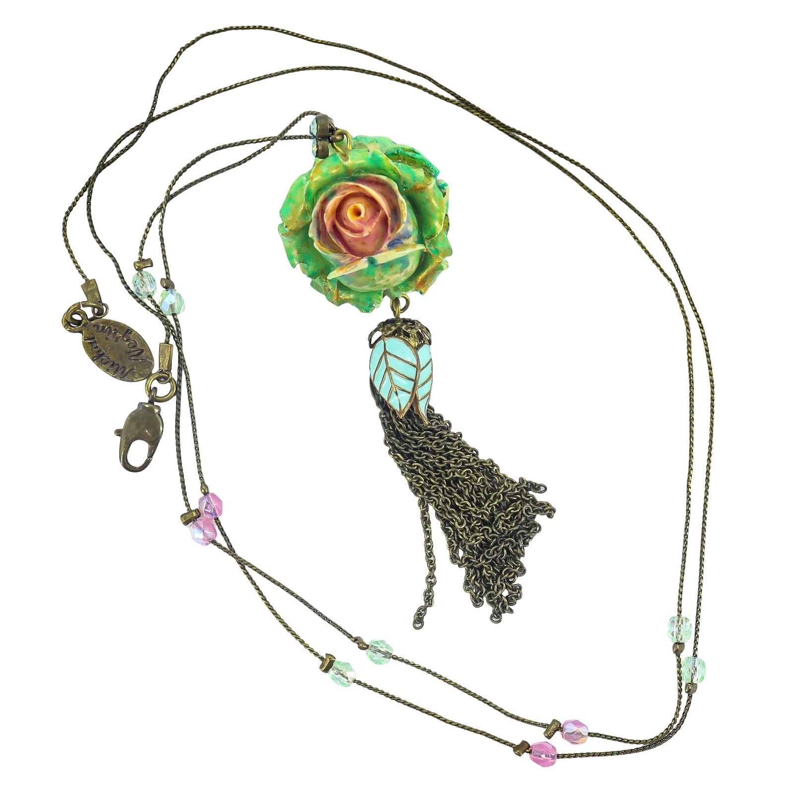 Michal Negrin Green Sculpted Rose Pendant Necklace - Y2K Romantic Fairycore