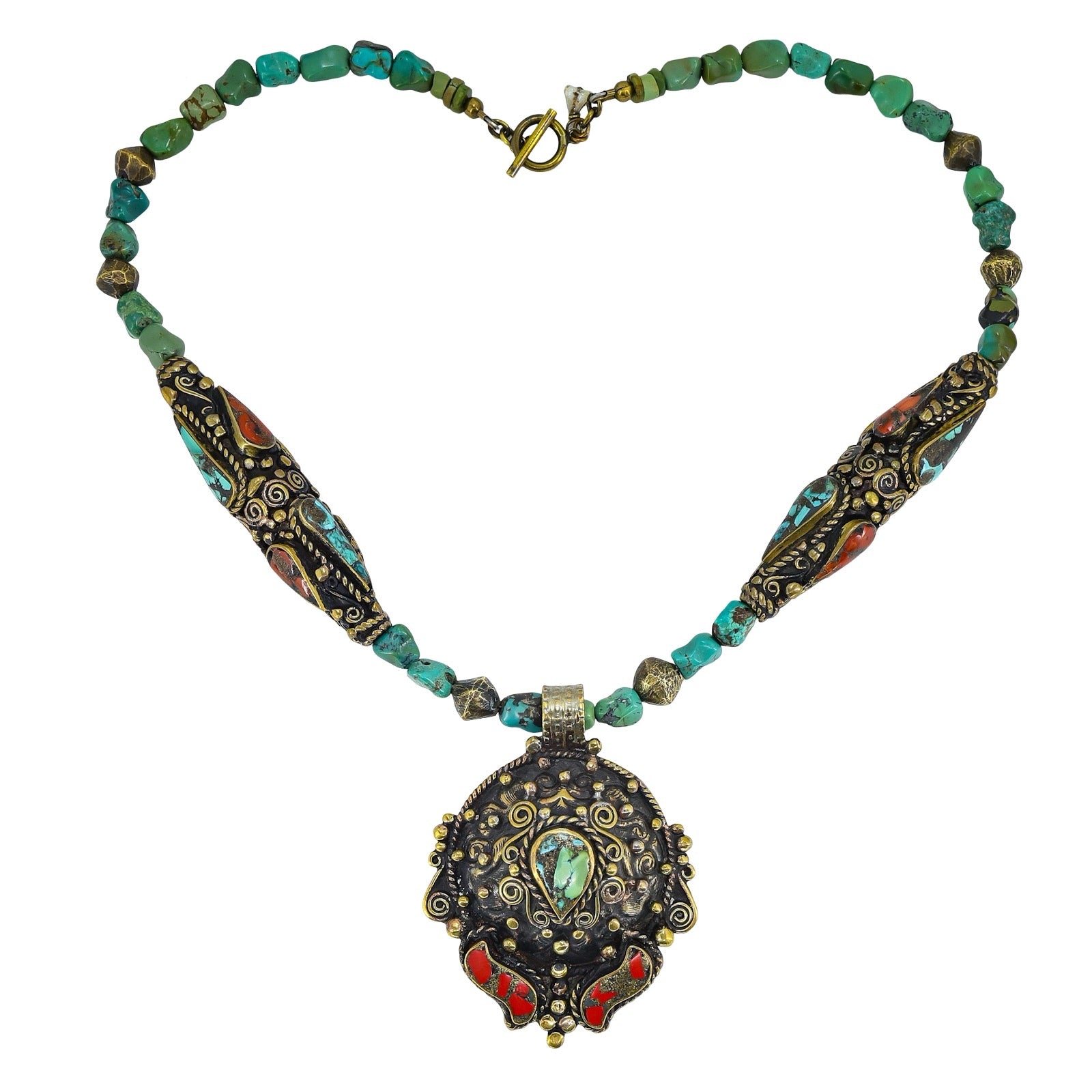 Natural Turquoise Beaded Necklace With Nepal Made Brass Pendant Ornate Metalwork