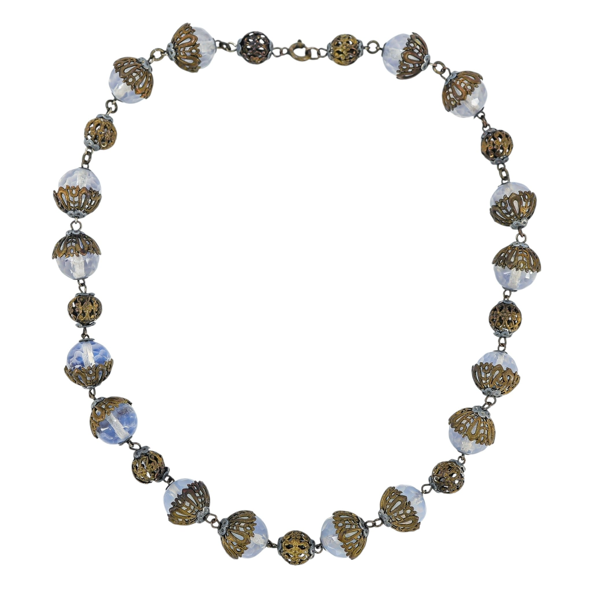 Vintage Opaline Opalite Faceted Glass Czech Bead Necklace W Filigree Cups
