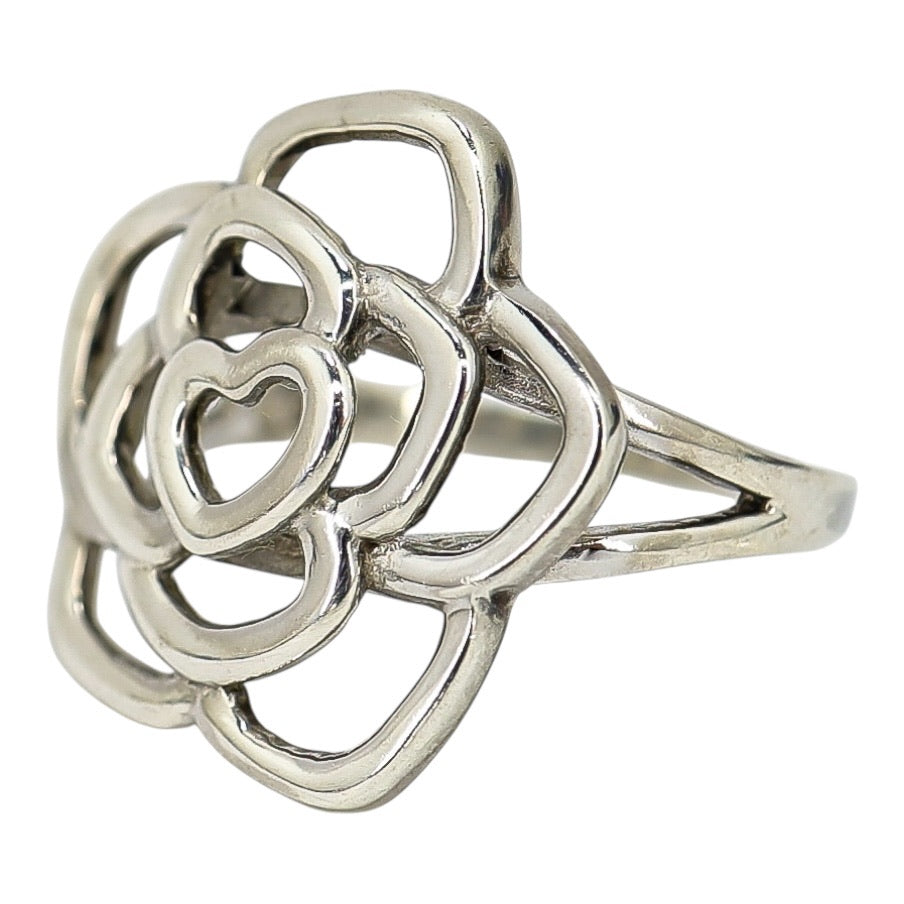 Sterling Silver Open Flower Ring with Heart Motif - Artisan Cast- 3.7G Size 9