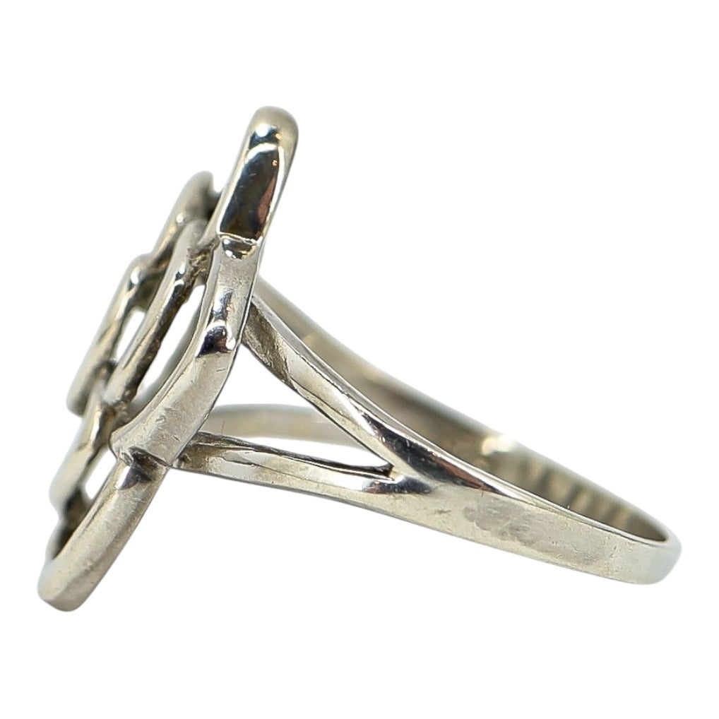 Sterling Silver Open Flower Ring with Heart Motif - Artisan Cast- 3.7G Size 9