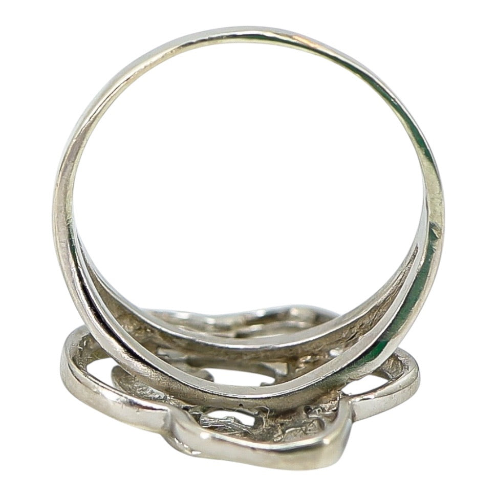 Sterling Silver Open Flower Ring with Heart Motif - Artisan Cast- 3.7G Size 9