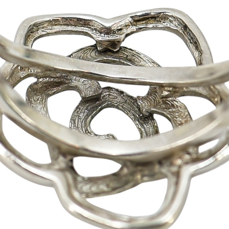 Sterling Silver Open Flower Ring with Heart Motif - Artisan Cast- 3.7G Size 9