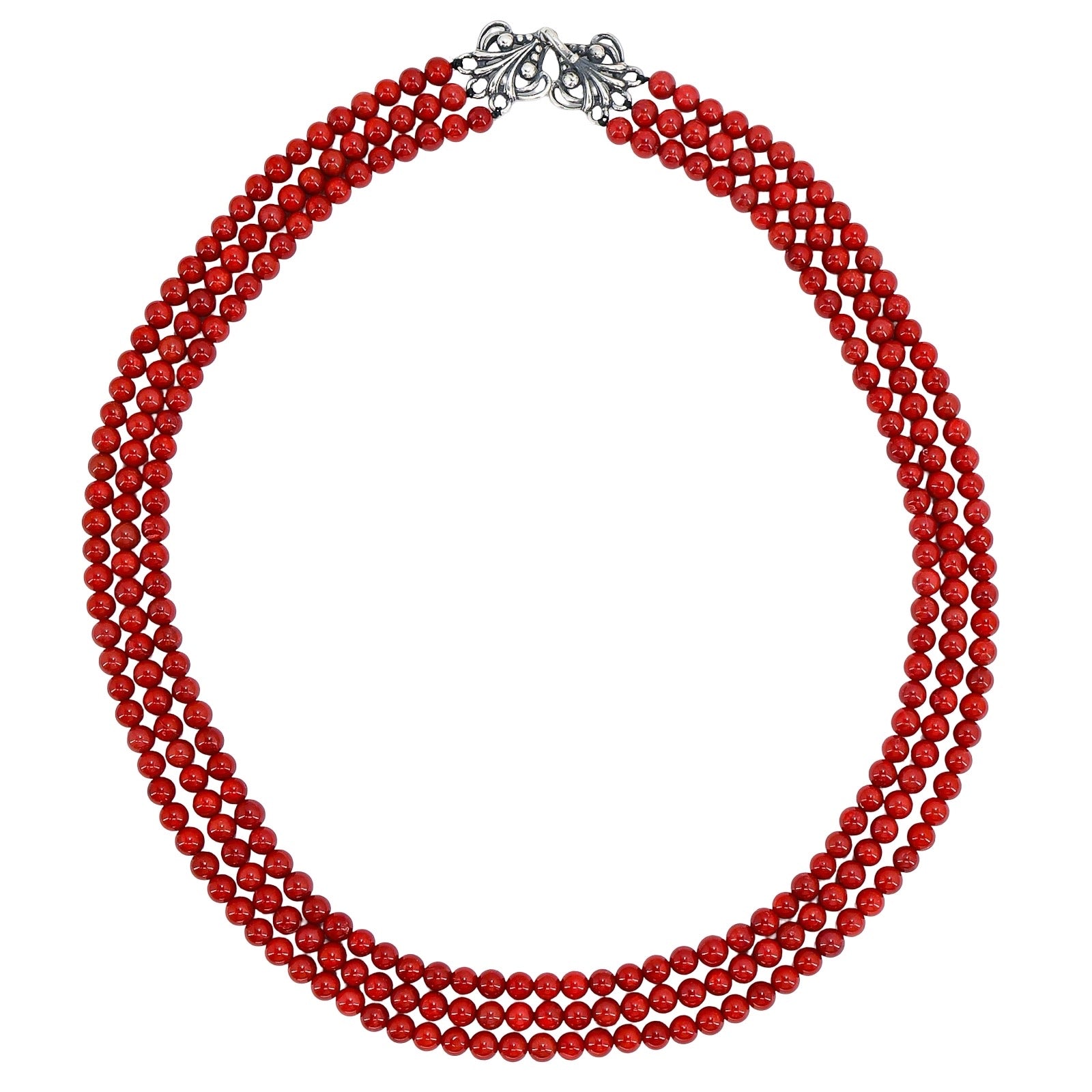 Rare Vintage New Old Stock Oxblood Coral Beads - 3-Strand Necklace Sterling Clasp