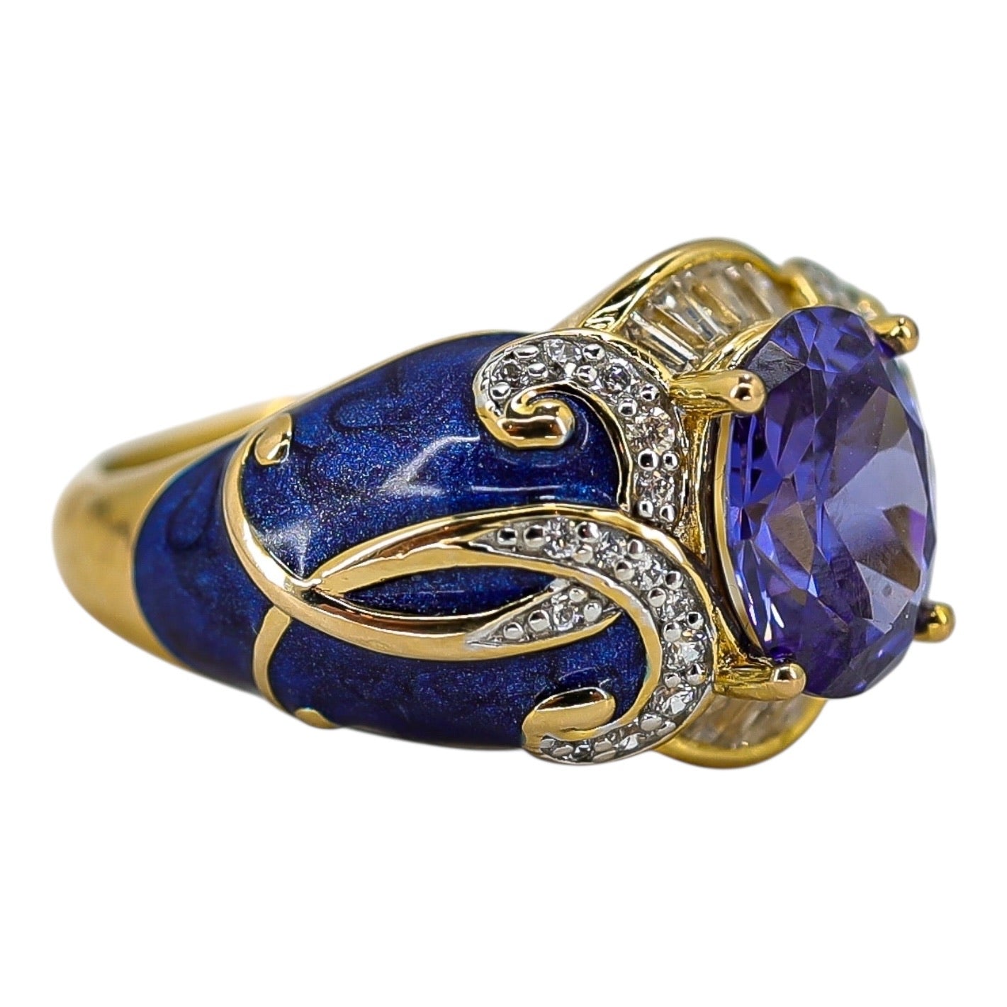 Sterling Silver Gold Vermeil Ring - Blue Enamel & Cubic Zirconia – Palazzo Style - Size 7