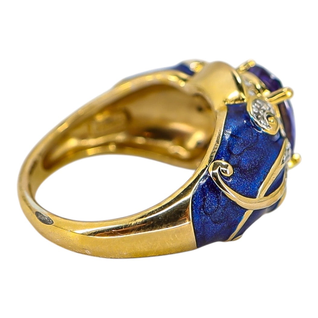 Sterling Silver Gold Vermeil Ring - Blue Enamel & Cubic Zirconia – Palazzo Style - Size 7