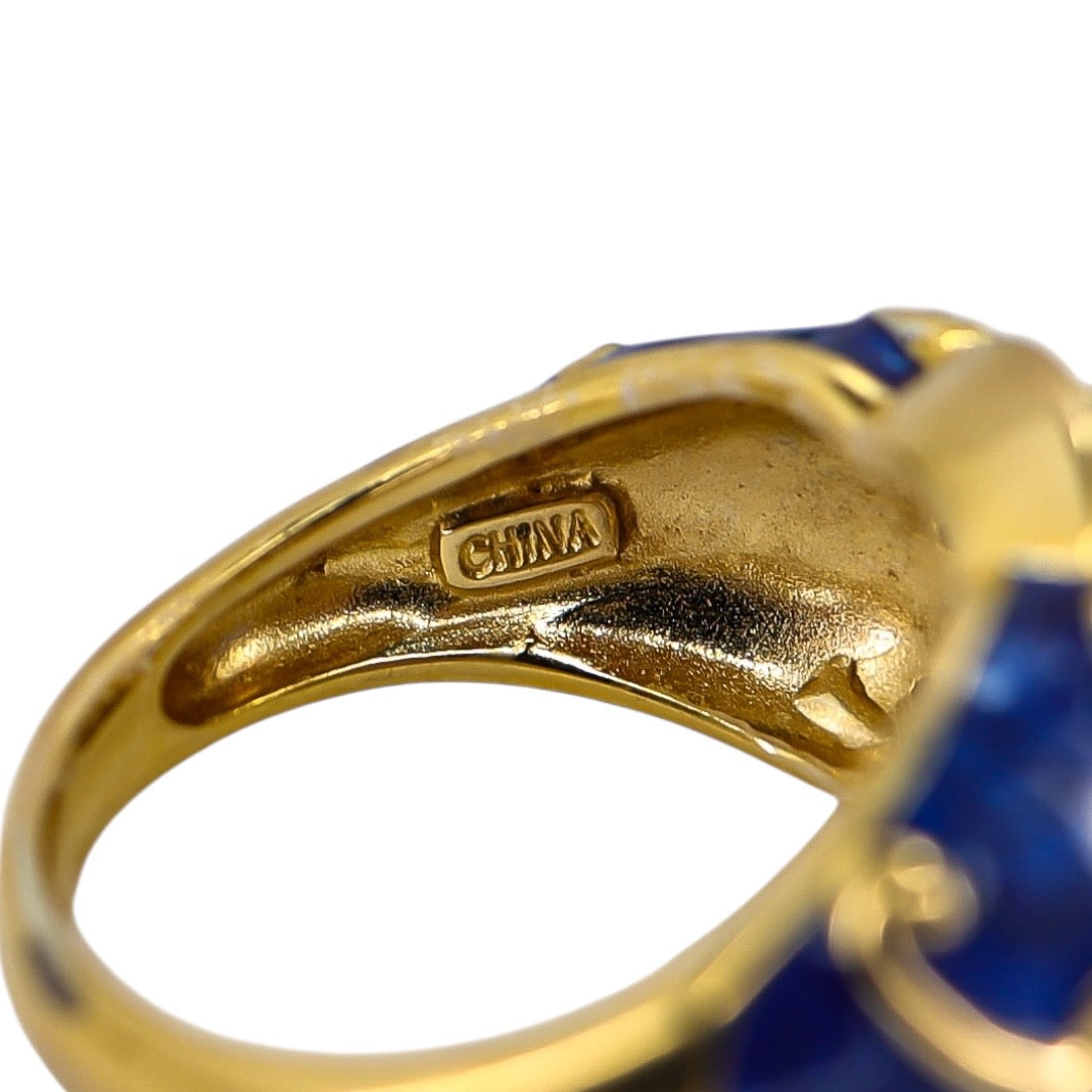Sterling Silver Gold Vermeil Ring - Blue Enamel & Cubic Zirconia – Palazzo Style - Size 7