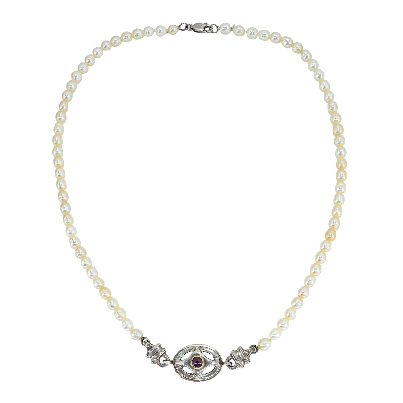 Artisan Freshwater Pearl Necklace W Sterling Silver And Purple Cabochon Centerpiece 18”