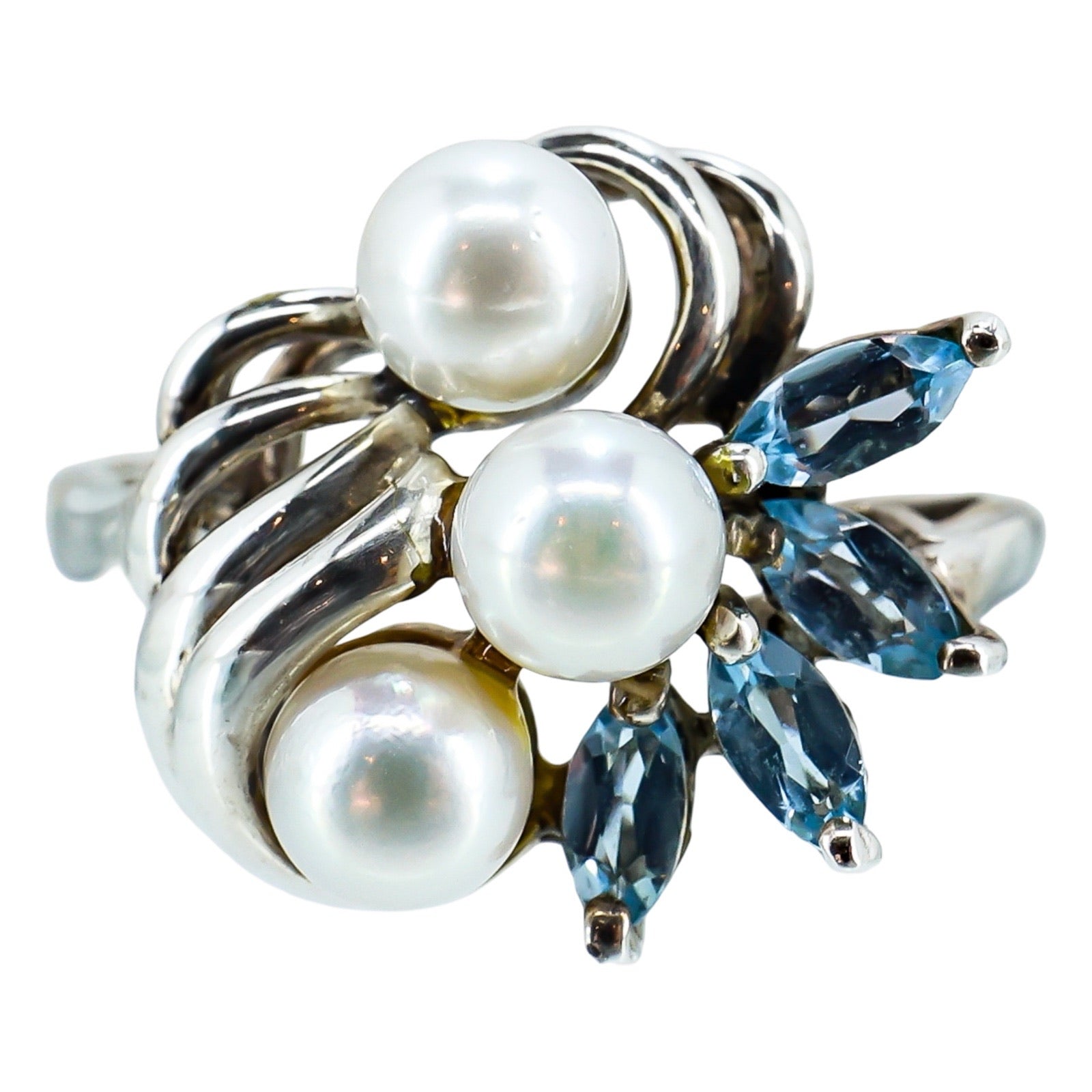 Vintage Sterling Silver Pearls And Blue Topaz Ring Size 9