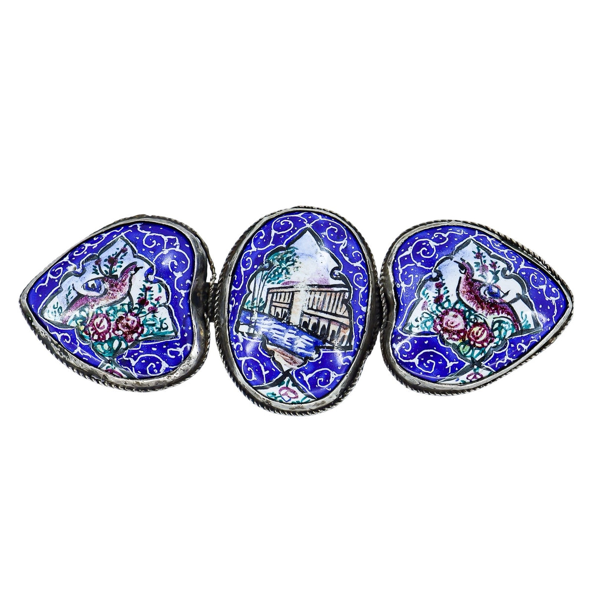 Vintage Persian Style Hand Painted Enamel Brooch 3 Section Cobalt Blue