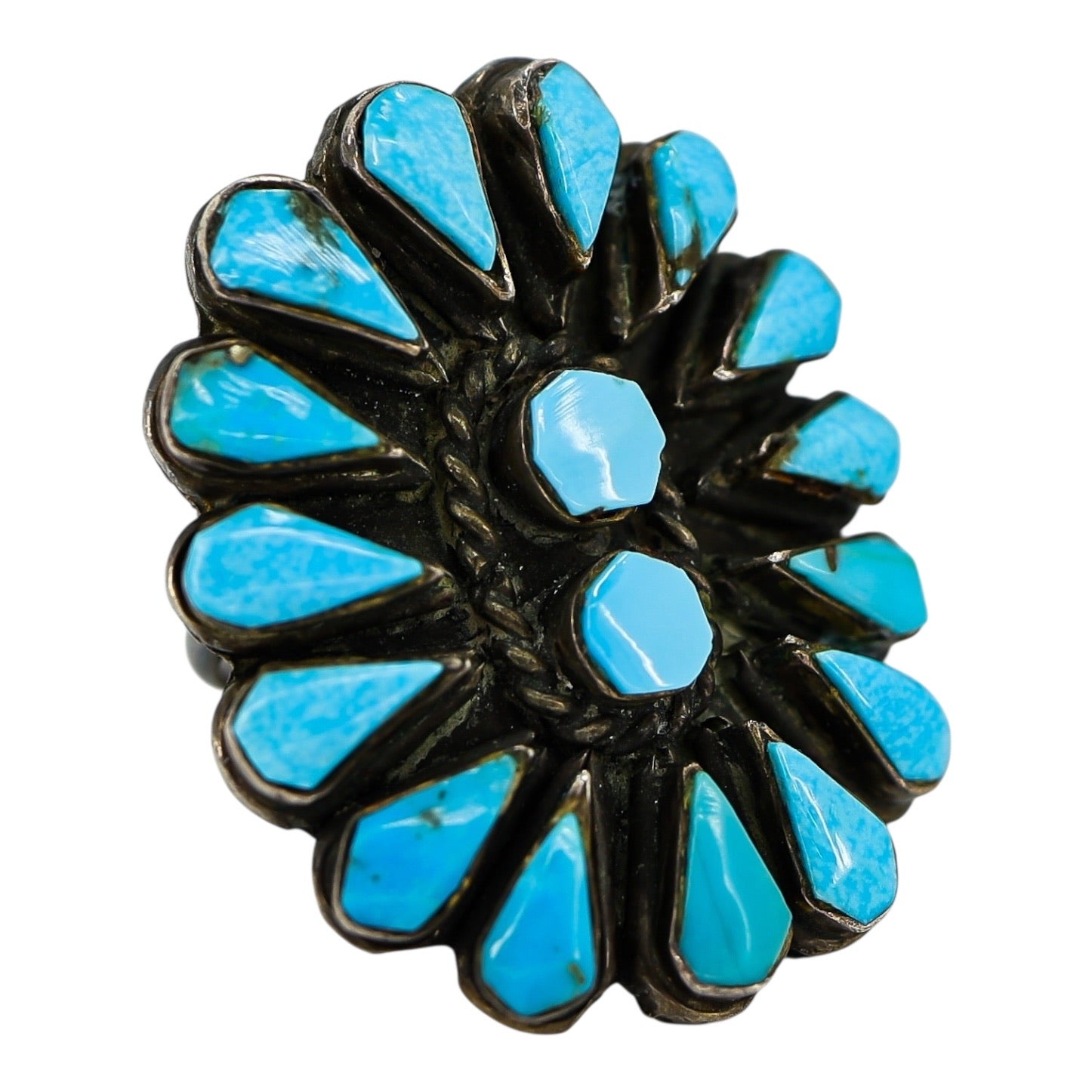 Vintage Southwestern Zuni-Style Petit Point Turquoise Sterling Silver Ring Size 6.5