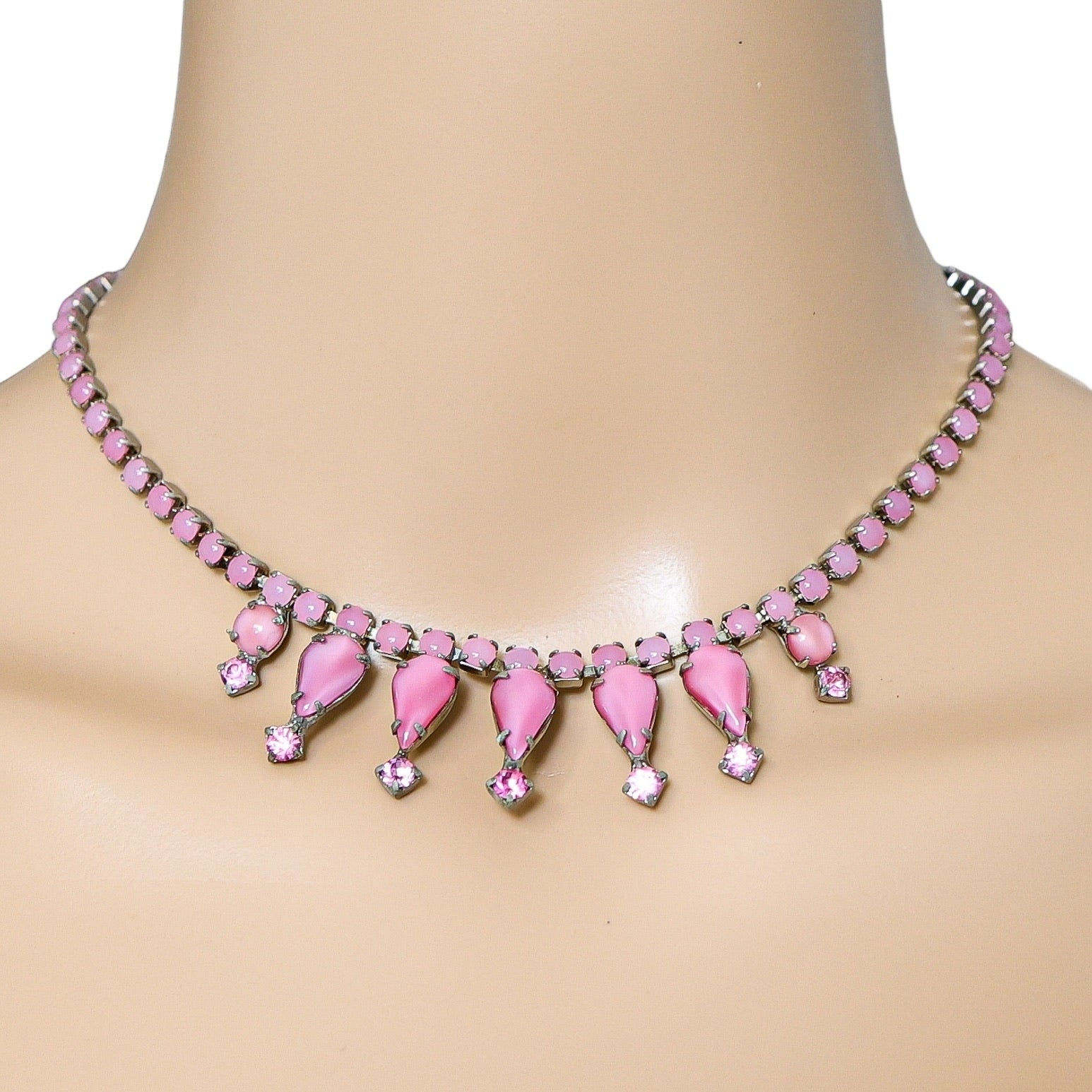 Vintage Pink Satin Glass Rhinestone Choker Necklace W Teardrop Accents – 15”