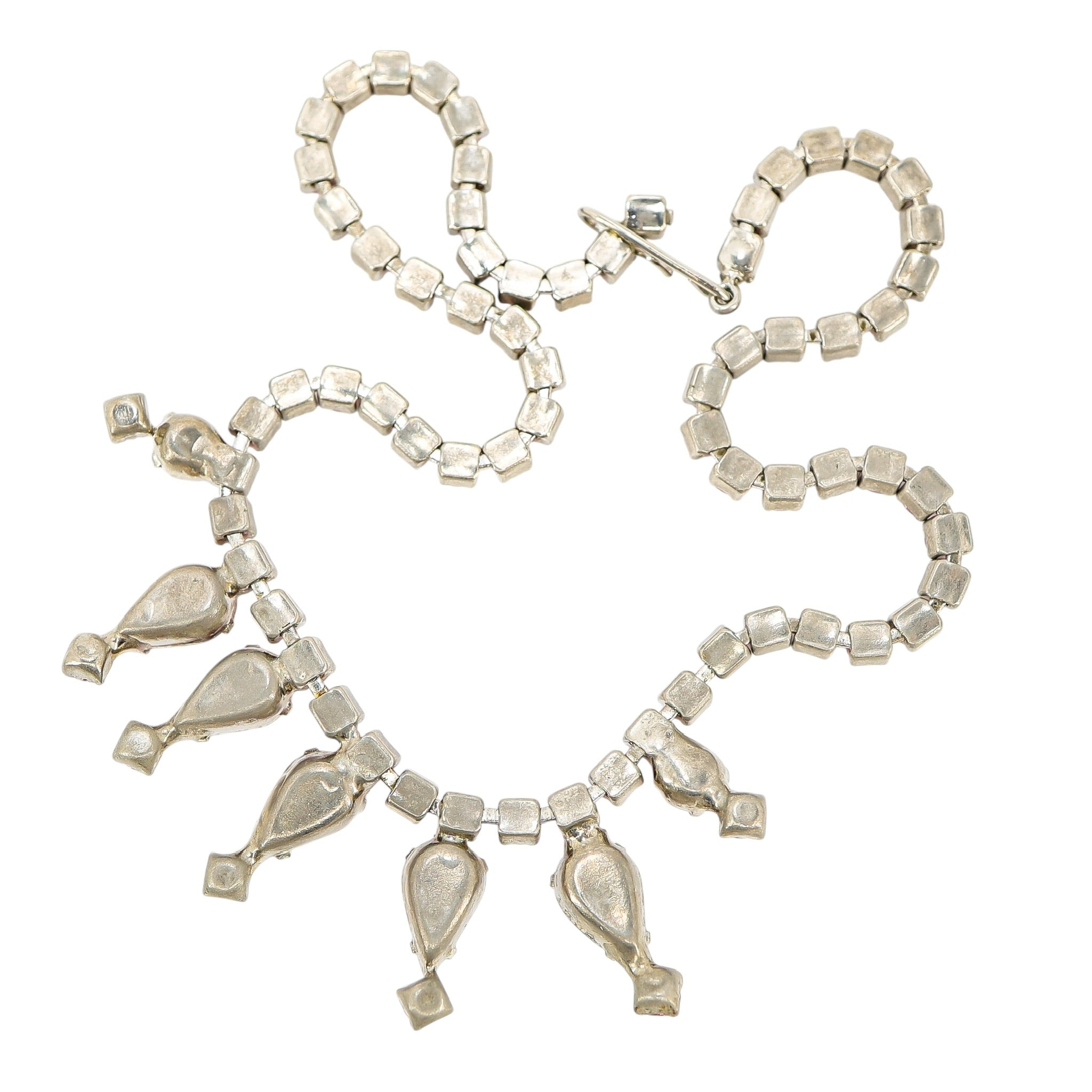 Vintage Pink Satin Glass Rhinestone Choker Necklace W Teardrop Accents – 15”