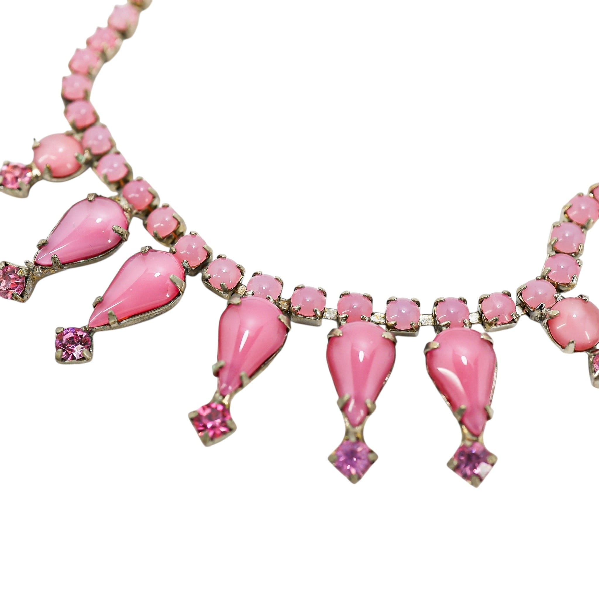 Vintage Pink Satin Glass Rhinestone Choker Necklace W Teardrop Accents – 15”