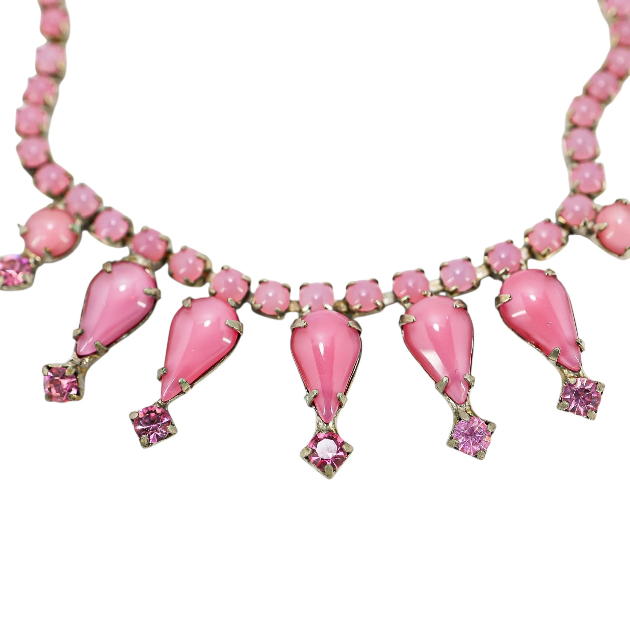 Vintage Pink Satin Glass Rhinestone Choker Necklace W Teardrop Accents – 15”