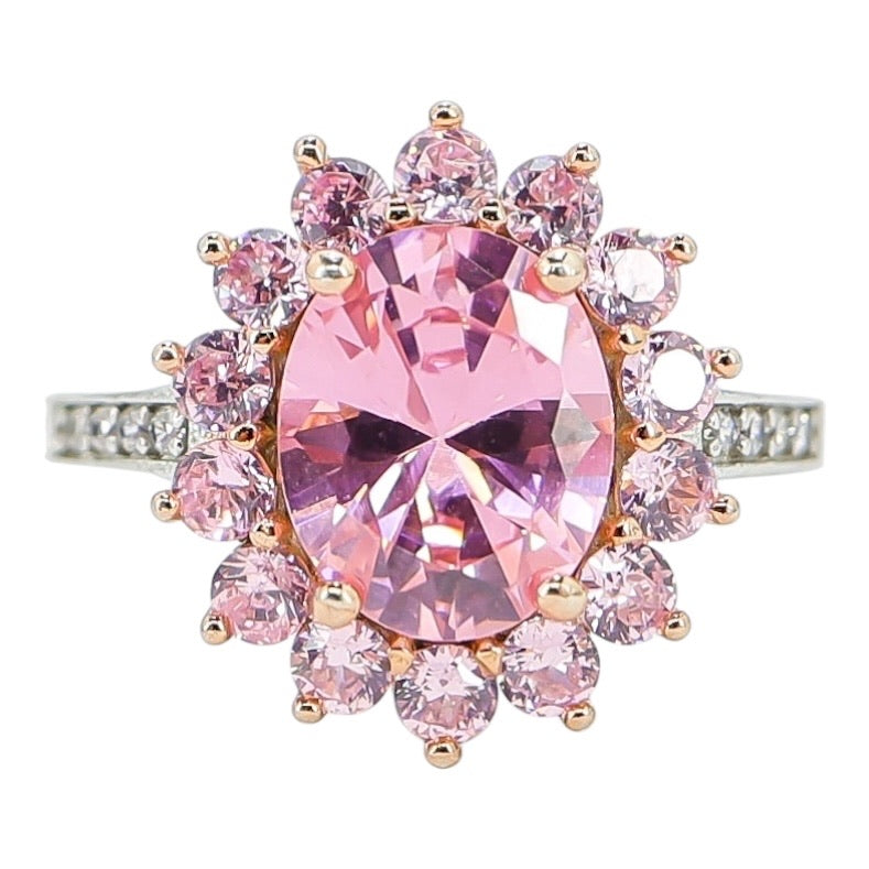 Sterling Silver Pink Cubic Zirconia Halo Ring – Oval Center, Pavé Accents - Size 7
