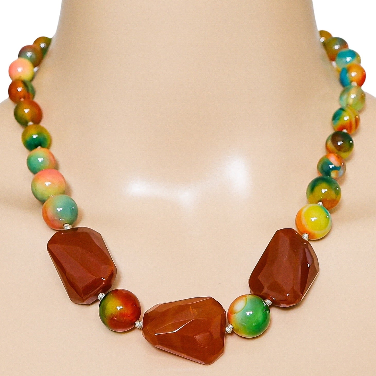 Bold Statement Multicolor Vintage Rainbow Agate Bead Necklace Adjustable Length