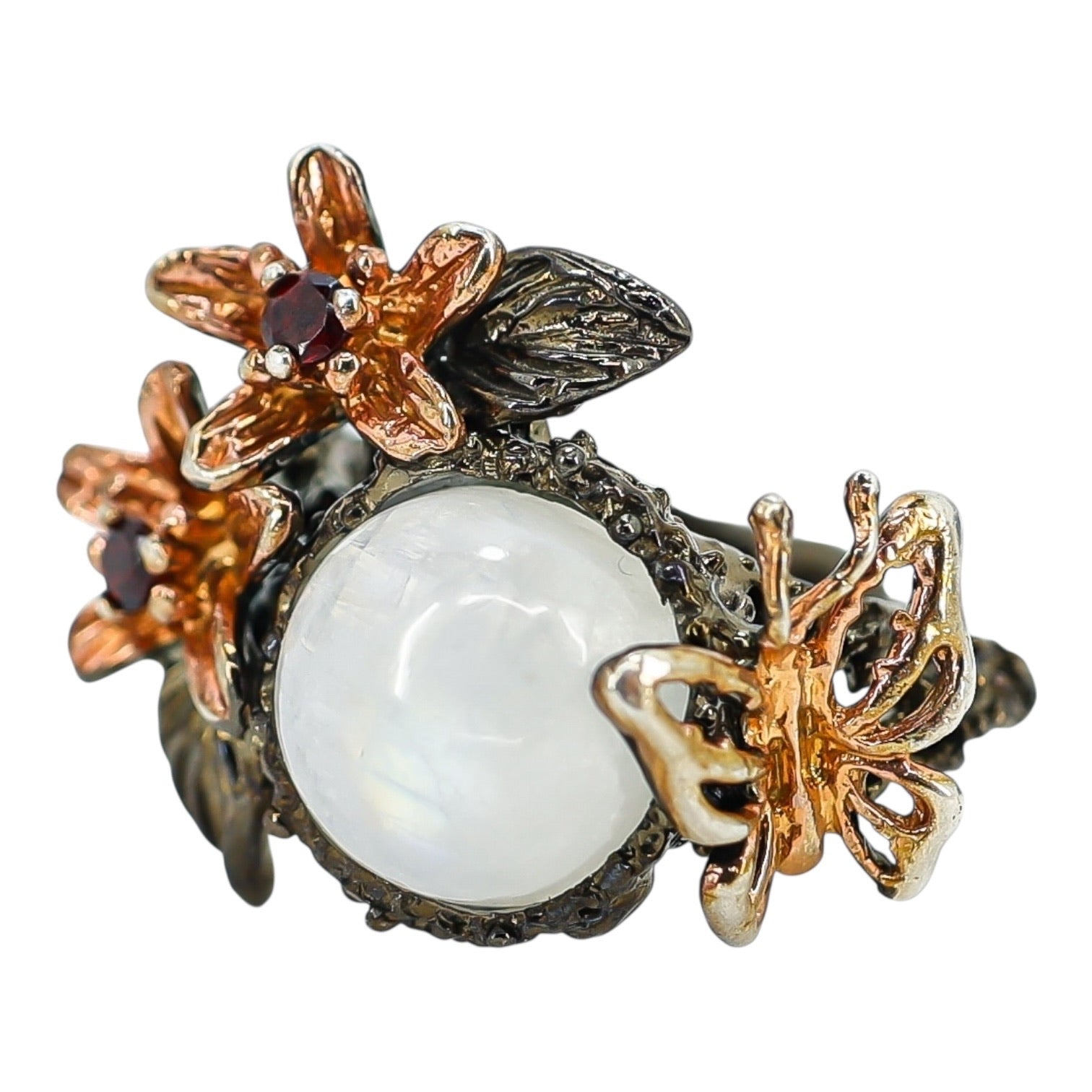 Sterling Silver Rainbow Moonstone Floral Ring – Sculptural Botanical Design Size 8.5