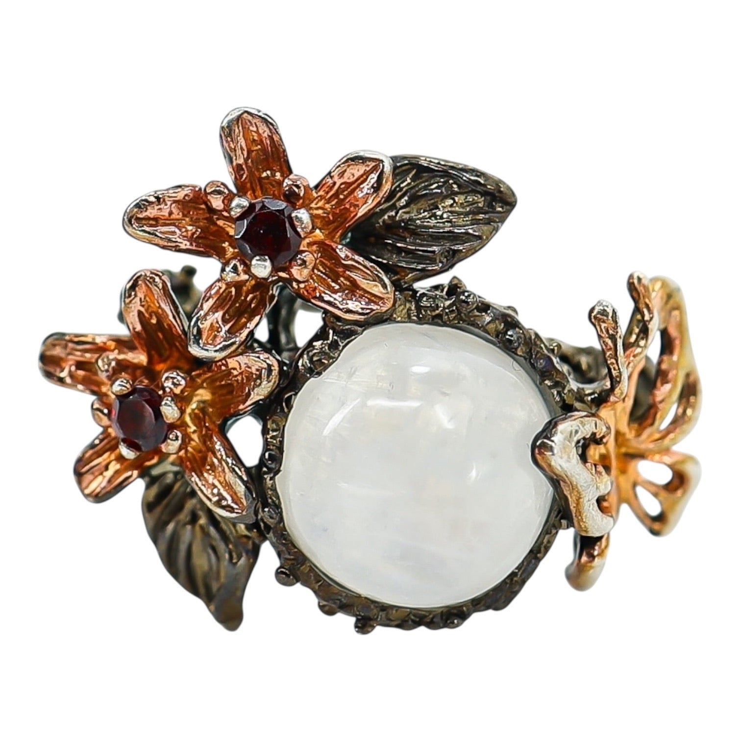 Sterling Silver Rainbow Moonstone Floral Ring – Sculptural Botanical Design Size 8.5