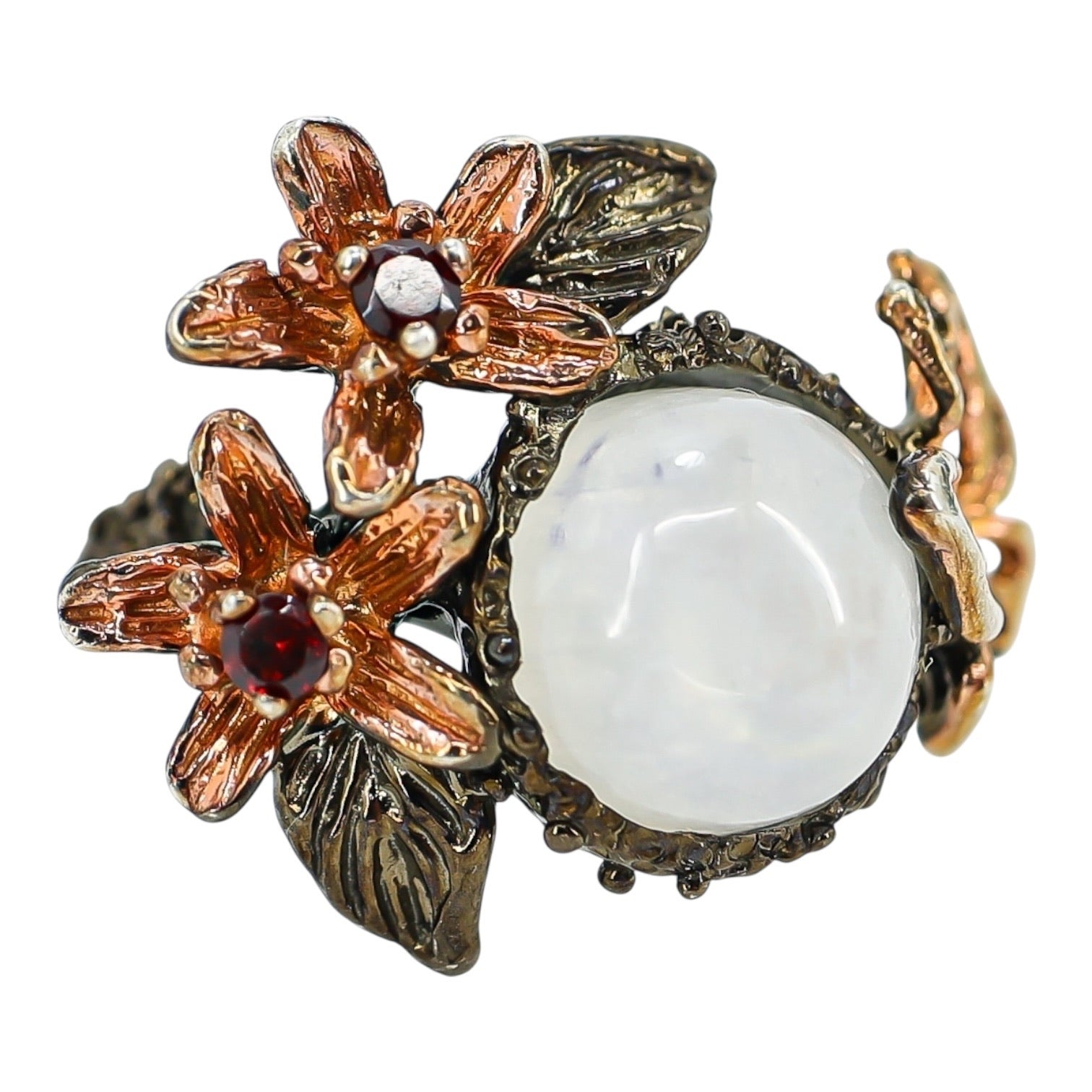 Sterling Silver Rainbow Moonstone Floral Ring – Sculptural Botanical Design Size 8.5