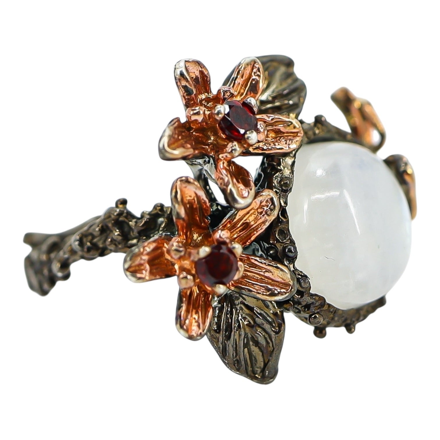 Sterling Silver Rainbow Moonstone Floral Ring – Sculptural Botanical Design Size 8.5