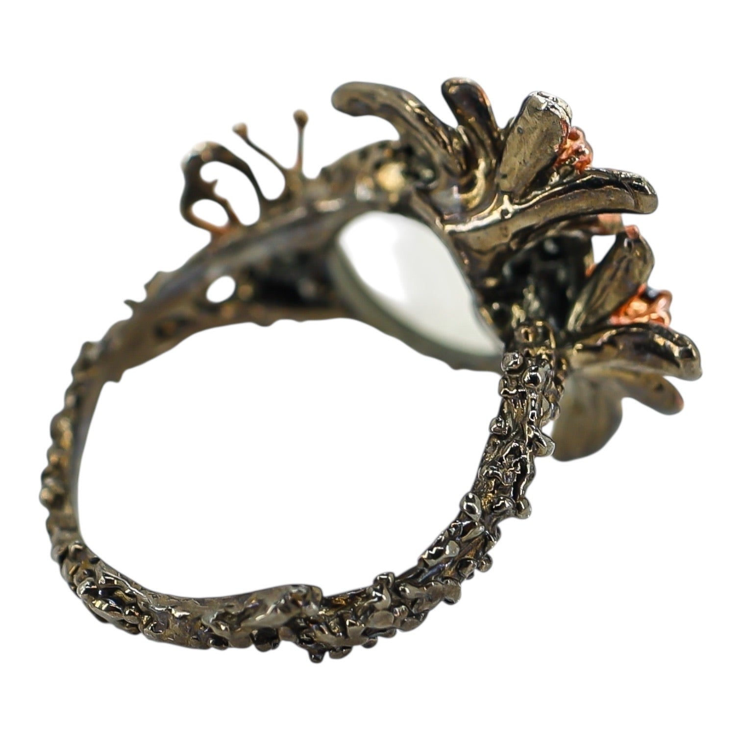 Sterling Silver Rainbow Moonstone Floral Ring – Sculptural Botanical Design Size 8.5