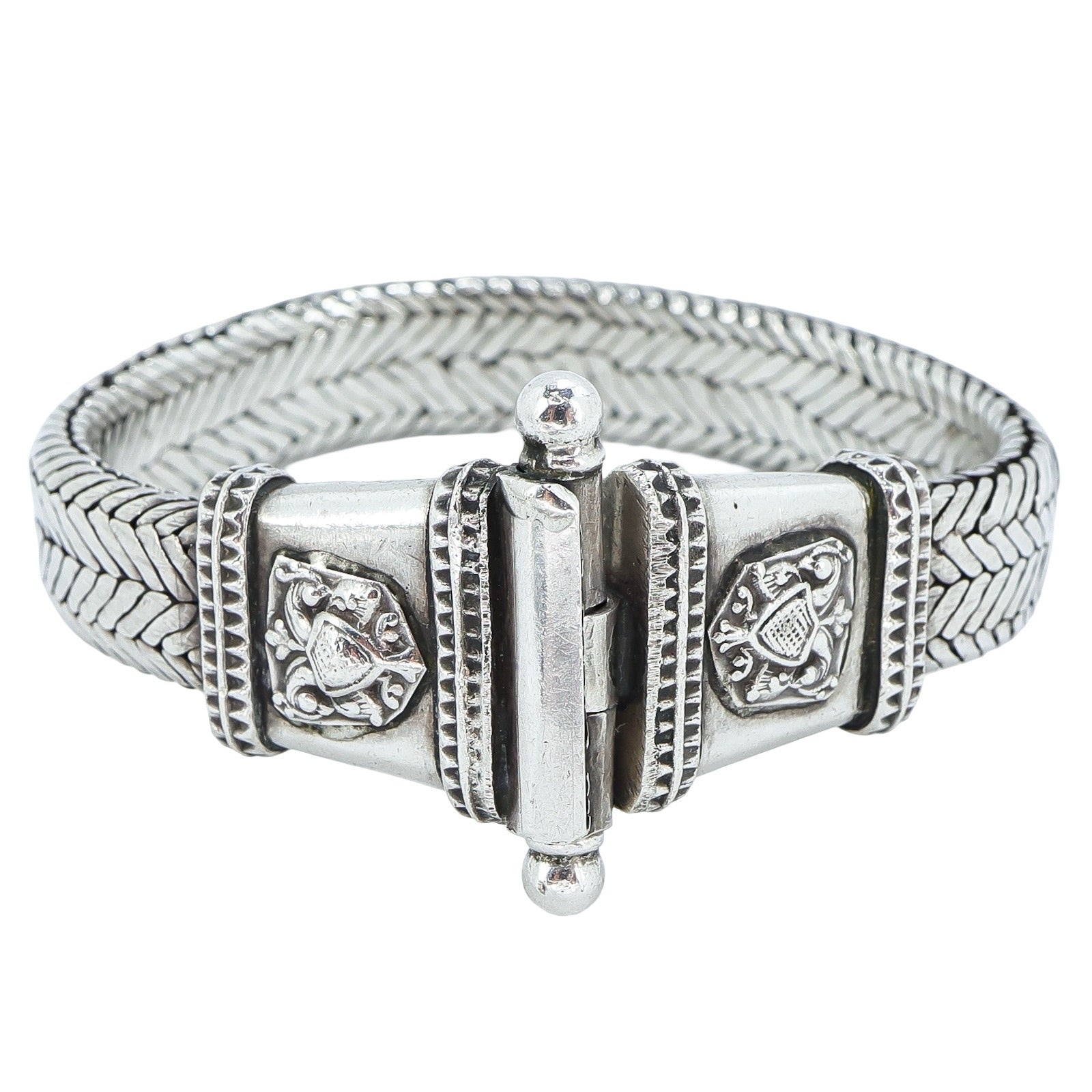 Rathod Arts Kolhapur Woven Silver Bracelet Screw Pin Closure Statement 78g