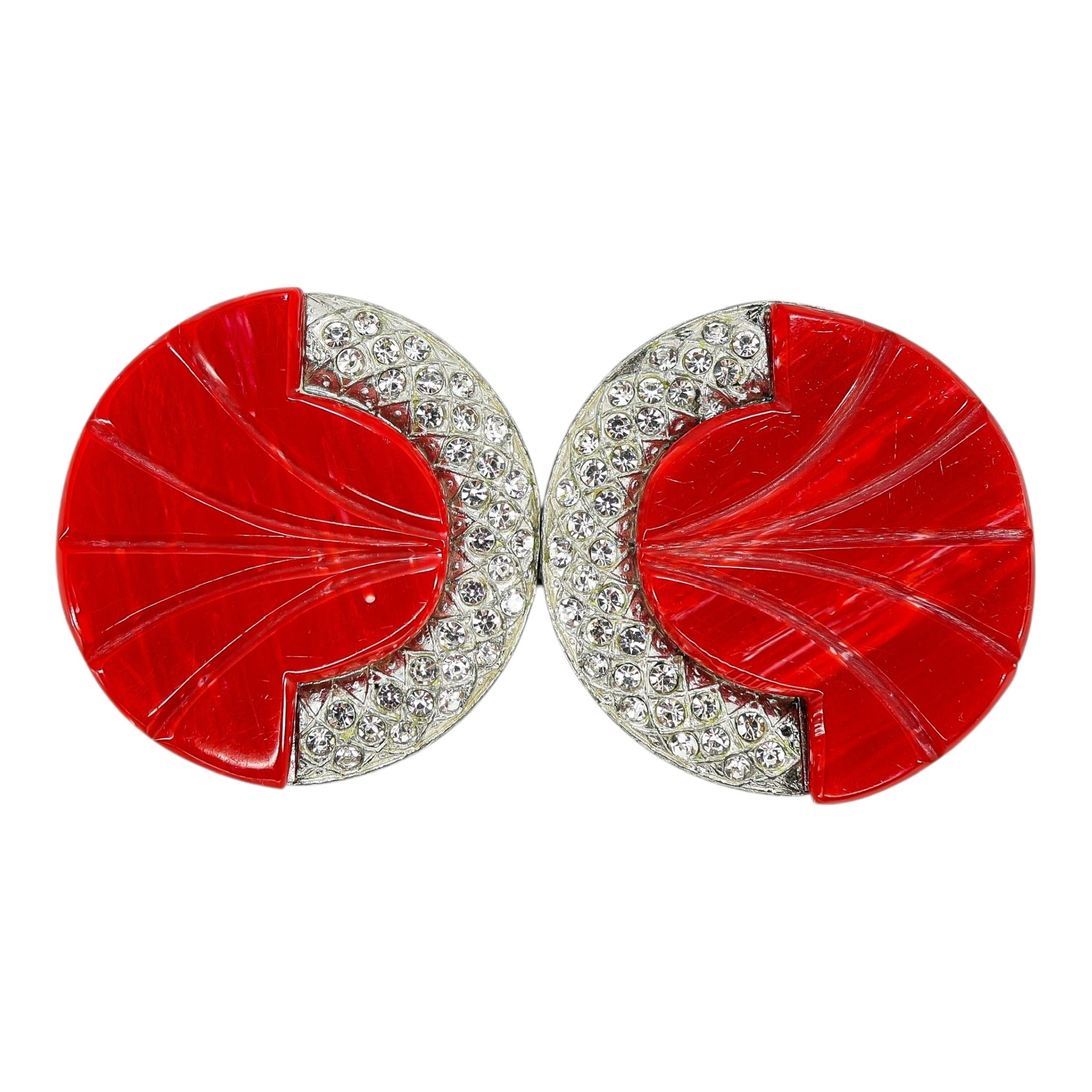 Vintage Art Deco Red Galalith And Clear Rhinestones Belt Buckle / Coat Clip - Signed WMCA