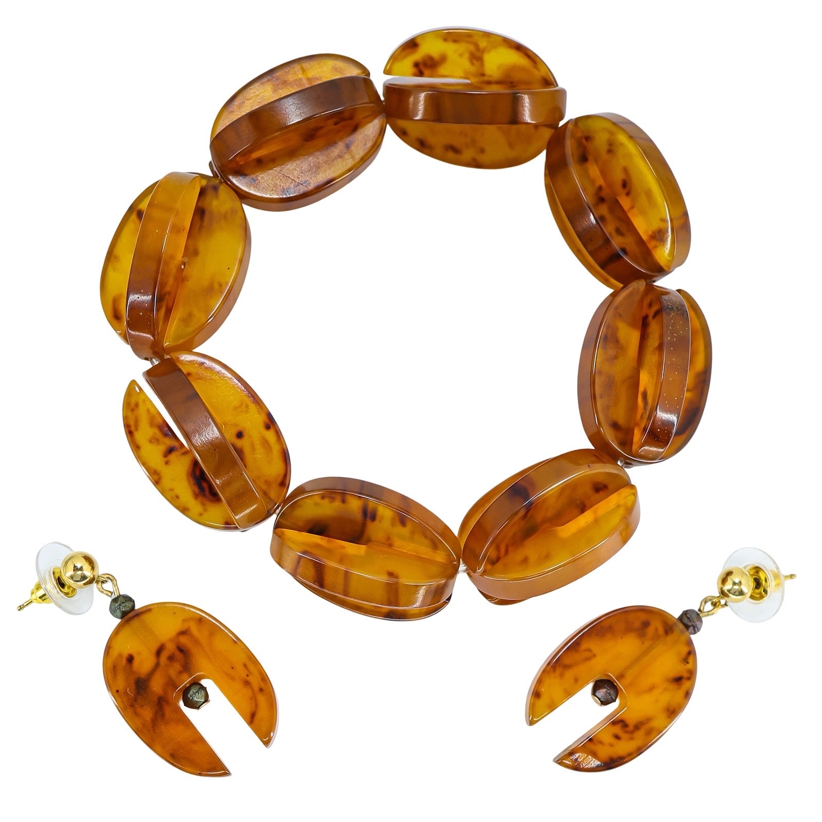 Bakelite Bracelet & Earrings Set Root Beer / Amber Interlocking Puzzle Beads