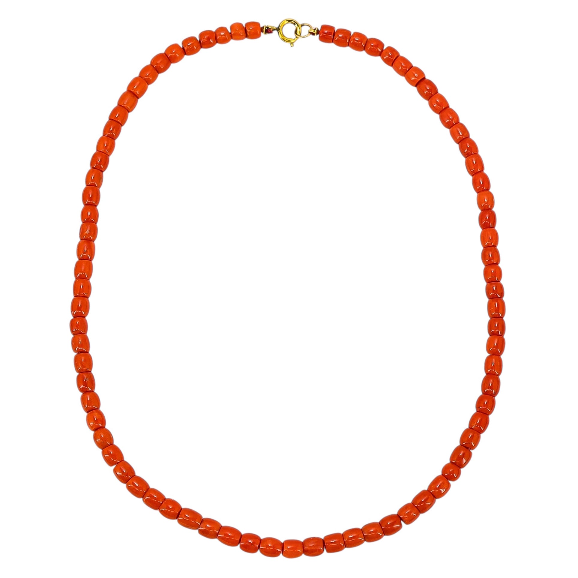 Vintage Salmon Red Coral Barrel Bead Boho Necklace Gold Filled Clasp 29g