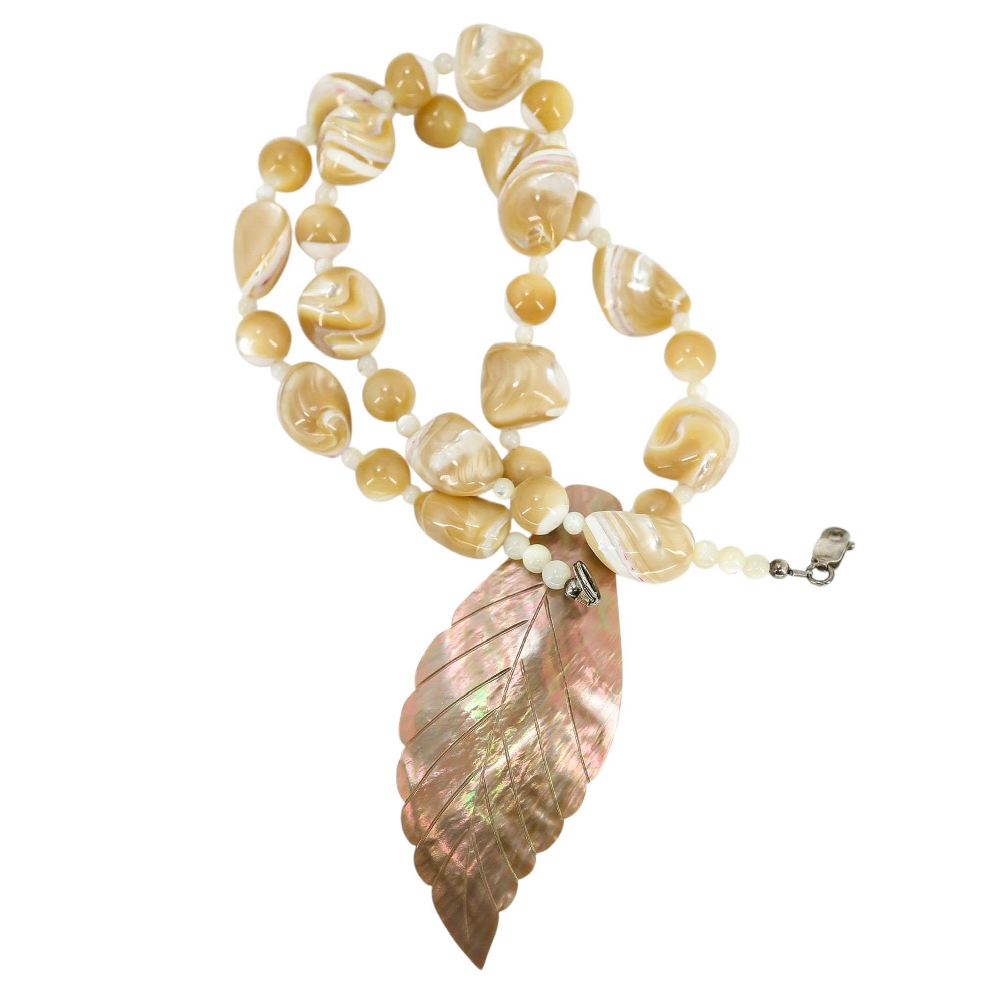 High Luster MOP Carved Shell Leaf Pendant Necklace Sterling Clasp, 18”