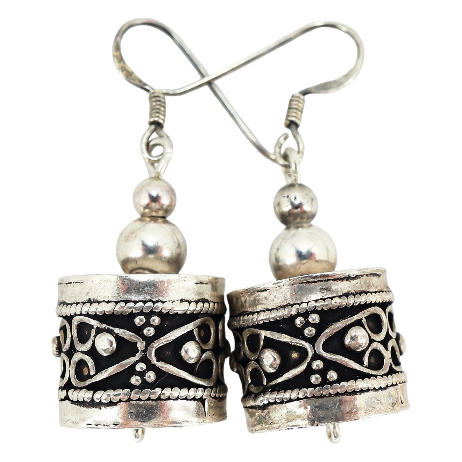 Boho Artisan Sterling Silver Dangle Earrings Ethnic Bench Made Beads Heavy Feel 14.1g