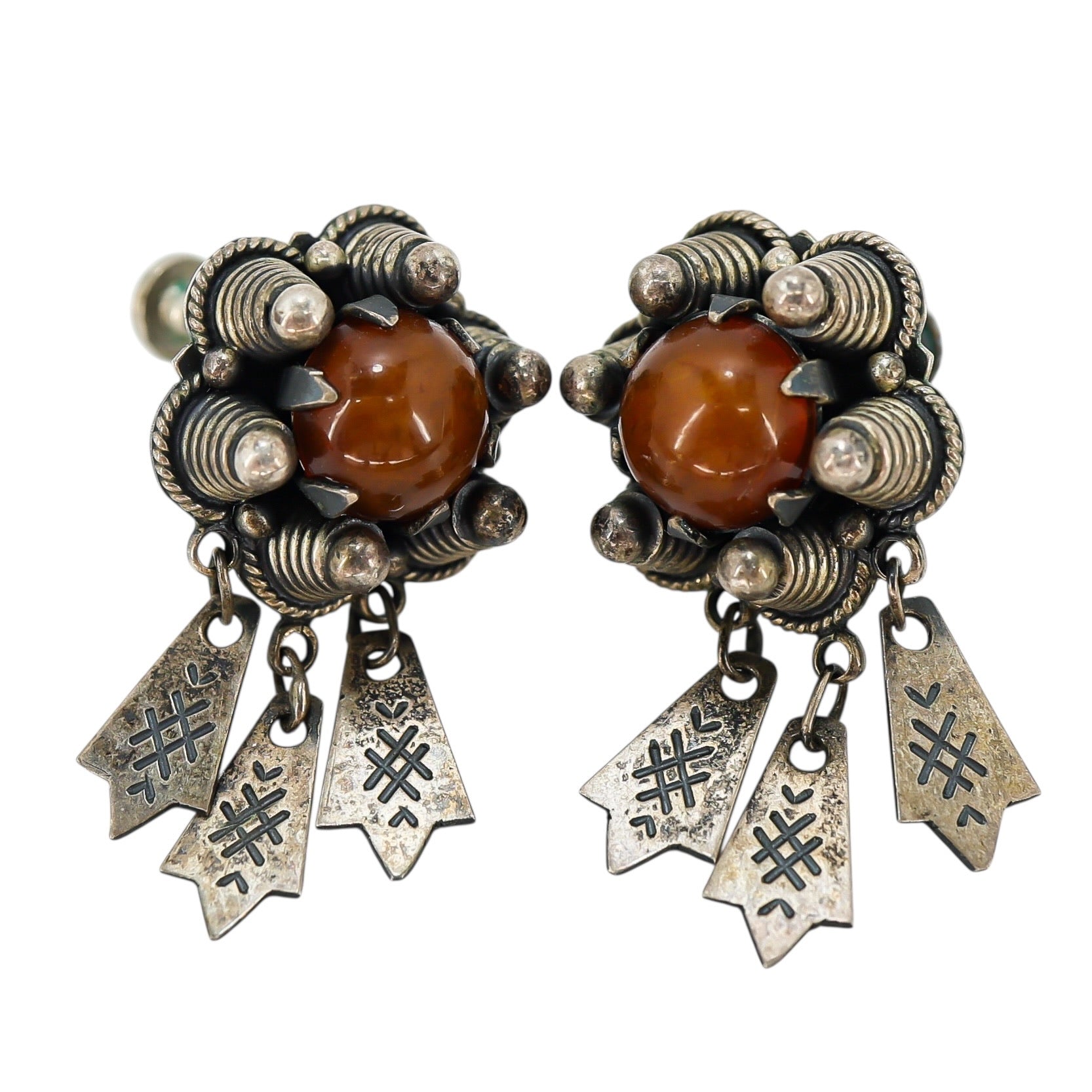 Vintage Norwegian Bunad Solje Silver Earrings With Amber And Lauv Dangles