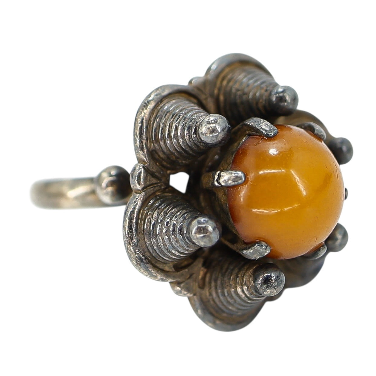 Vintage Norwegian Bunad Solje Sterling Silver Ring Bakelite Amber Tone Cab Size 7