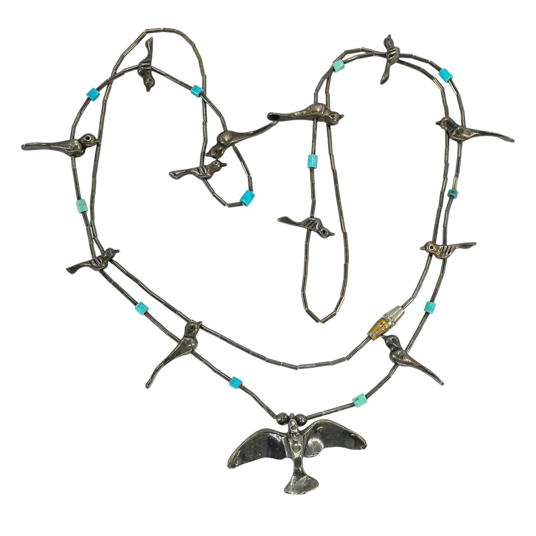 Vintage Southwestern Sterling Silver Lost Wax Cast Handcrafted Fetish Birds Necklace