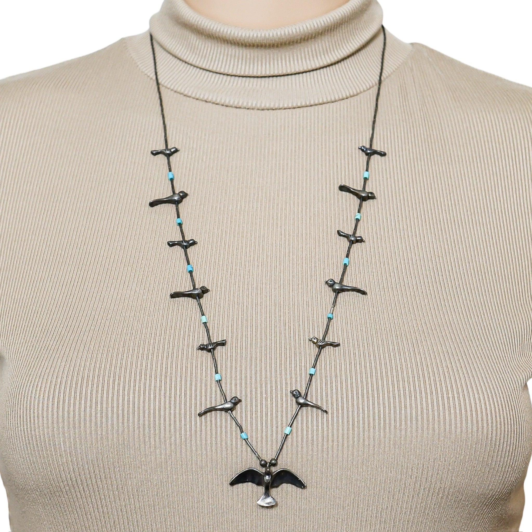 Vintage Southwestern Sterling Silver Lost Wax Cast Handcrafted Fetish Birds Necklace
