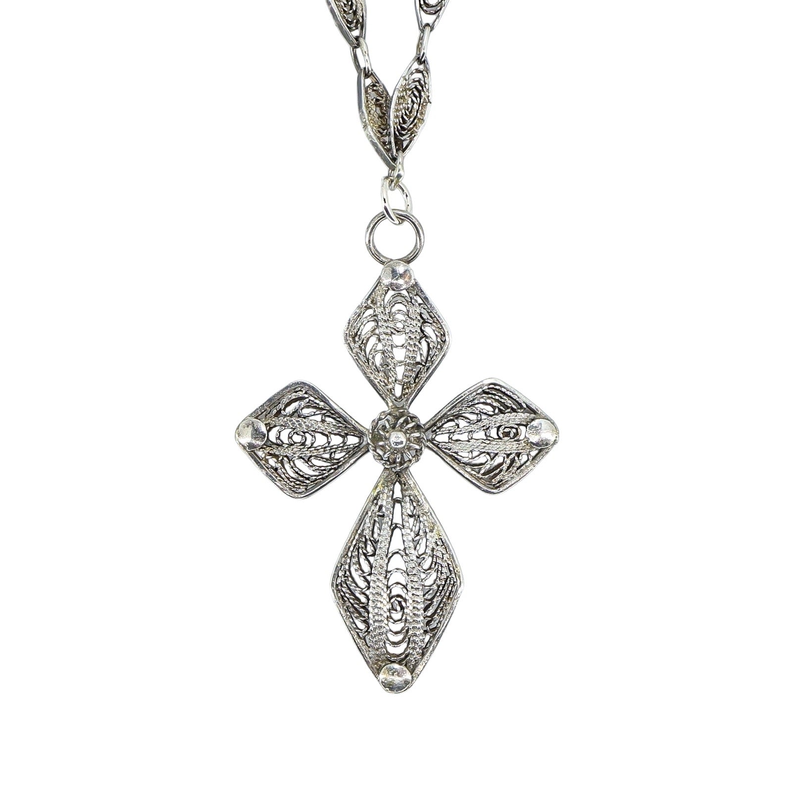 Vintage Filigree Cross Pendant Necklace 925 Silver 24" Ornate Baroque Lacework
